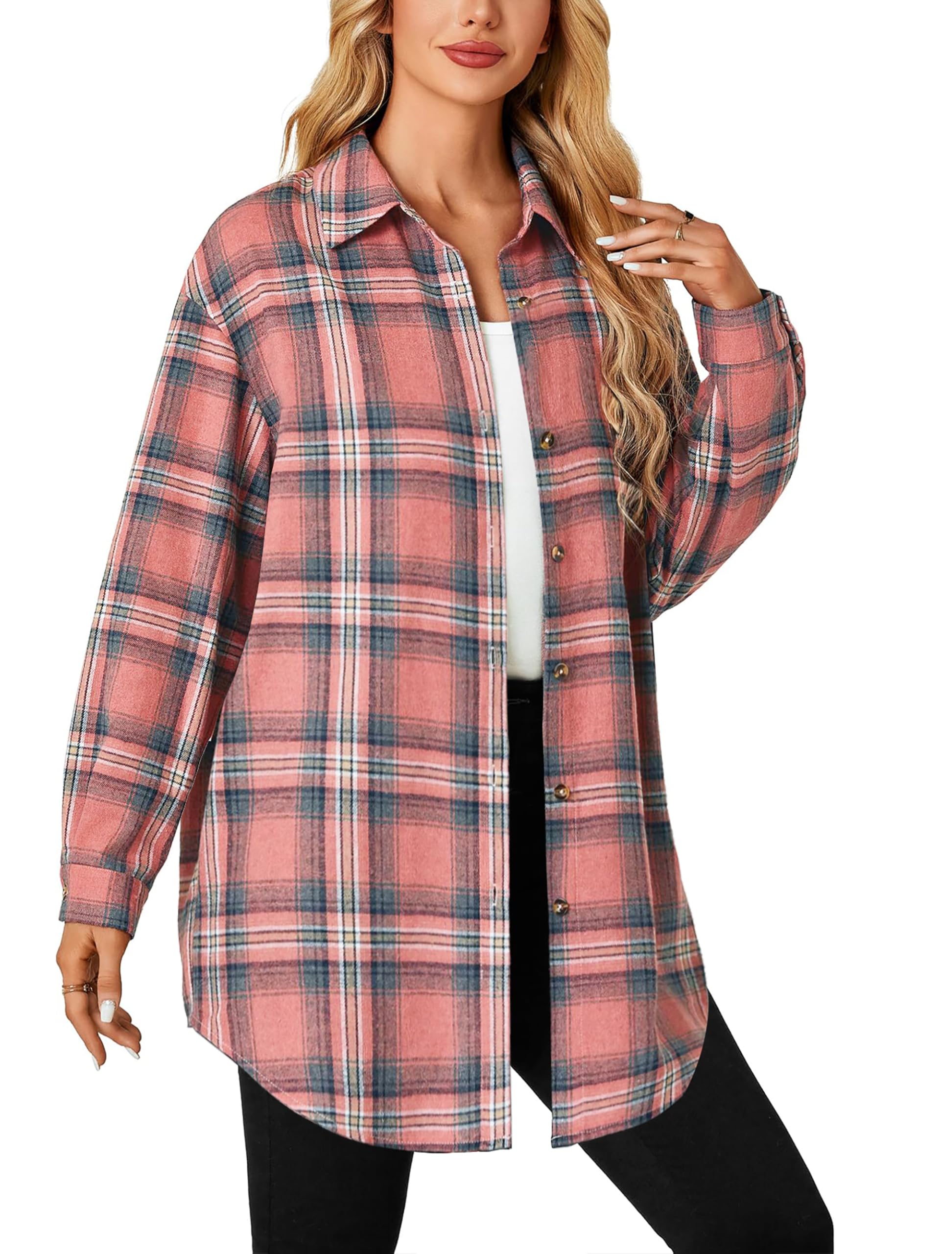 Jhsnjnr Damska flanelowa bluzka w kratkę, listwa guzikowa, dekolt w serek, długa koszulka oversize, koszula w kratkę, koszulka z długim rękawem