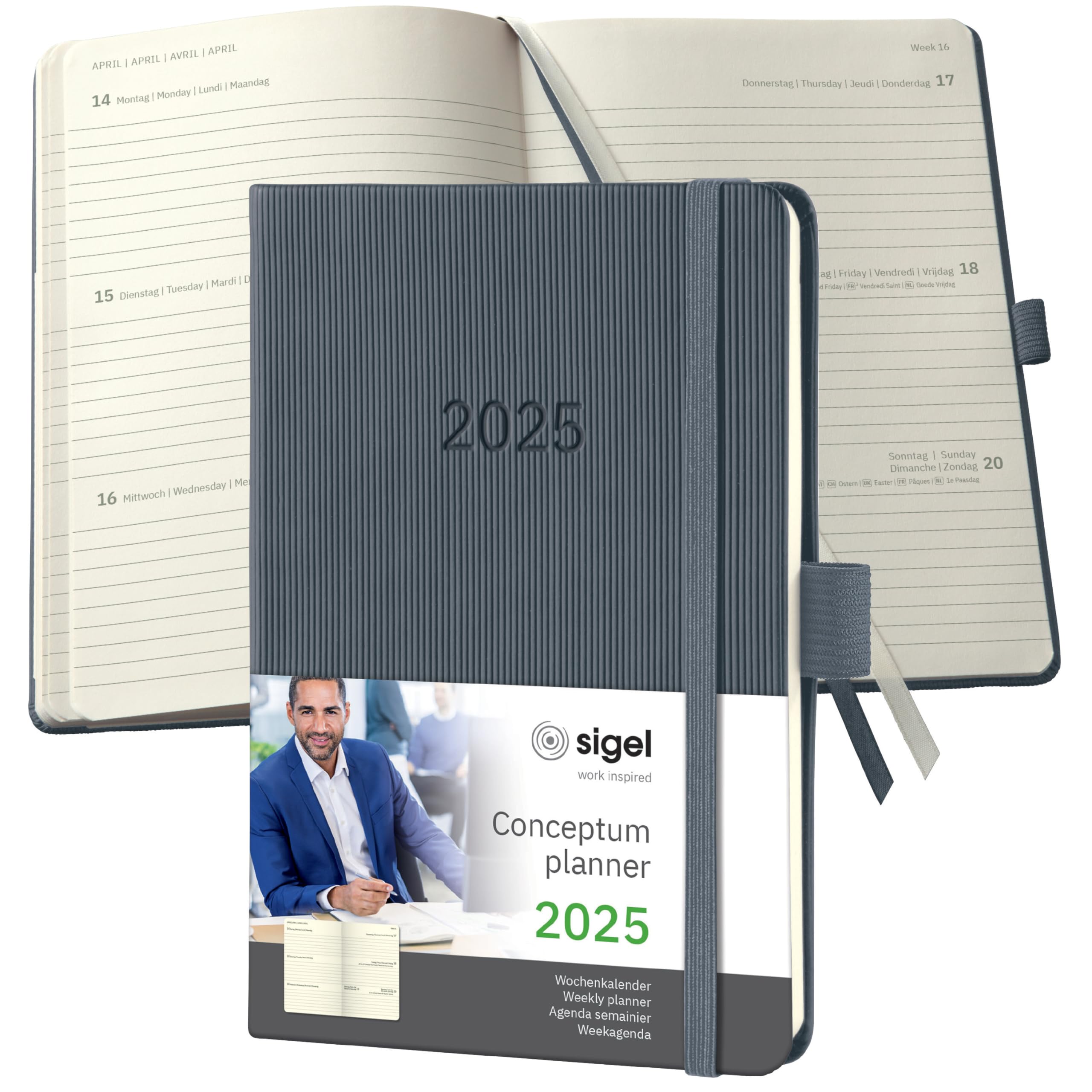 SIGEL C2567 Conceptum Weekly Planner 2025, Approx. A6, Dark Grey, hardcover, 2 Pages = 1 Week, 176 Pages, ca. A6