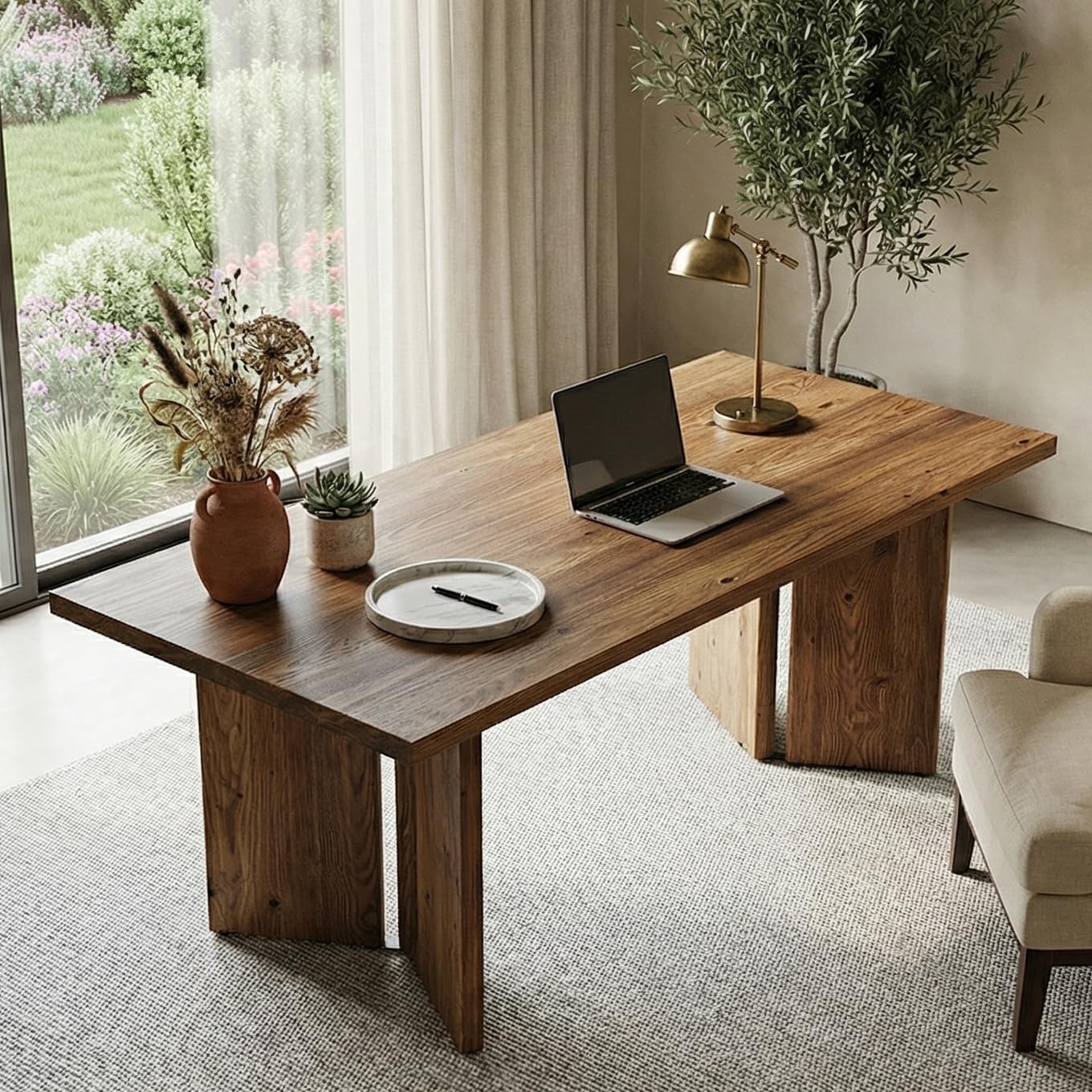 TRIBEWOOD 160cm Executive Farmhouse Desk – Large Home Office Computer Workstation with Spacious Tabletop, Rustic Writing Table & Study Desk for Office or Home Study, (1 PC, Walnut Brown)