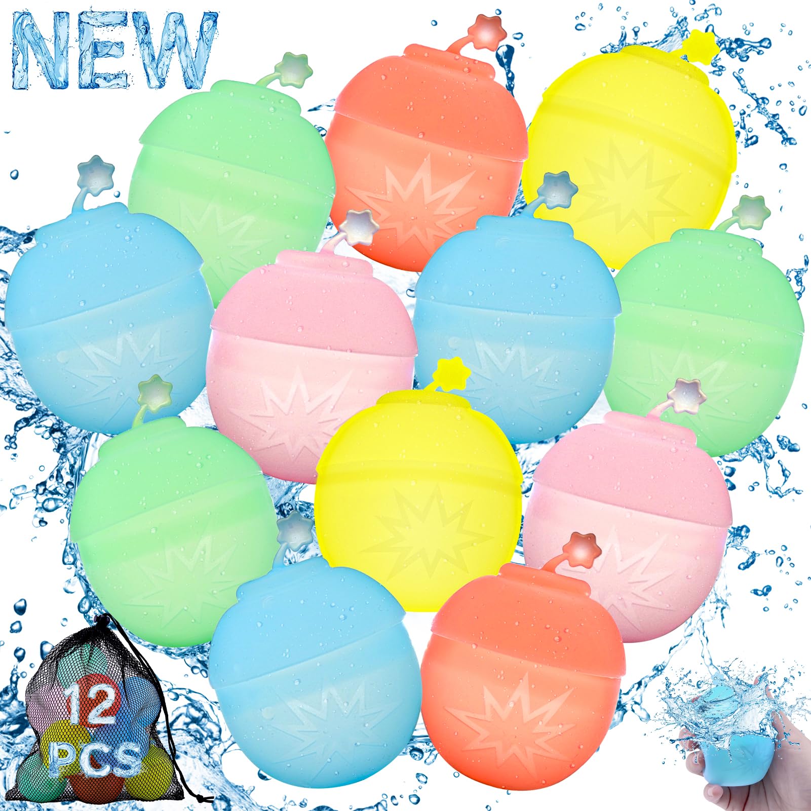 LANNEY Reusable Water Balloons, 12 Pcs Refillable Quick Fill Self-Sealing Silicone Water Balloons for Kids Ages 5-12, Pool Beach Summer Outdoor Water Toys for Boys and Girls Splash Balls with Mesh Bag