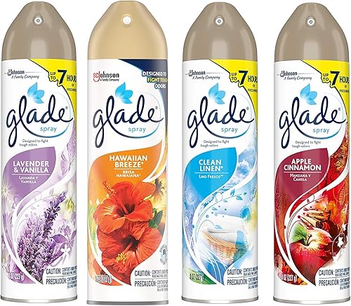 Glade Ambientador Spray 8 Oz Colección 4 Sabores: Lavanda y Flor de Durazno, Brisa Hawaiana, Lino Limpio y Manzana Canela. Paquete de 4.