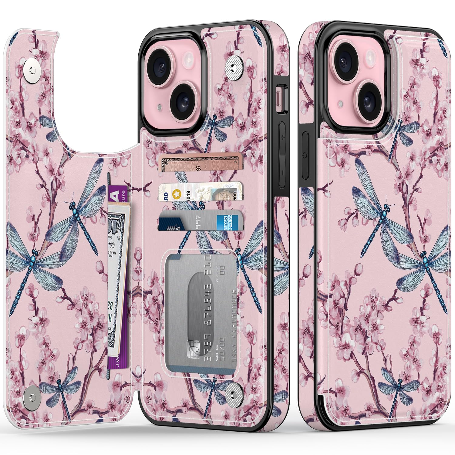 FUNMIKO for iPhone 15 Plus Wallet Case with Card Holder + Cash Clip, RFID-Blocking, Military-Grade Drop Protection & UV-Printed Artwork, Magnetic