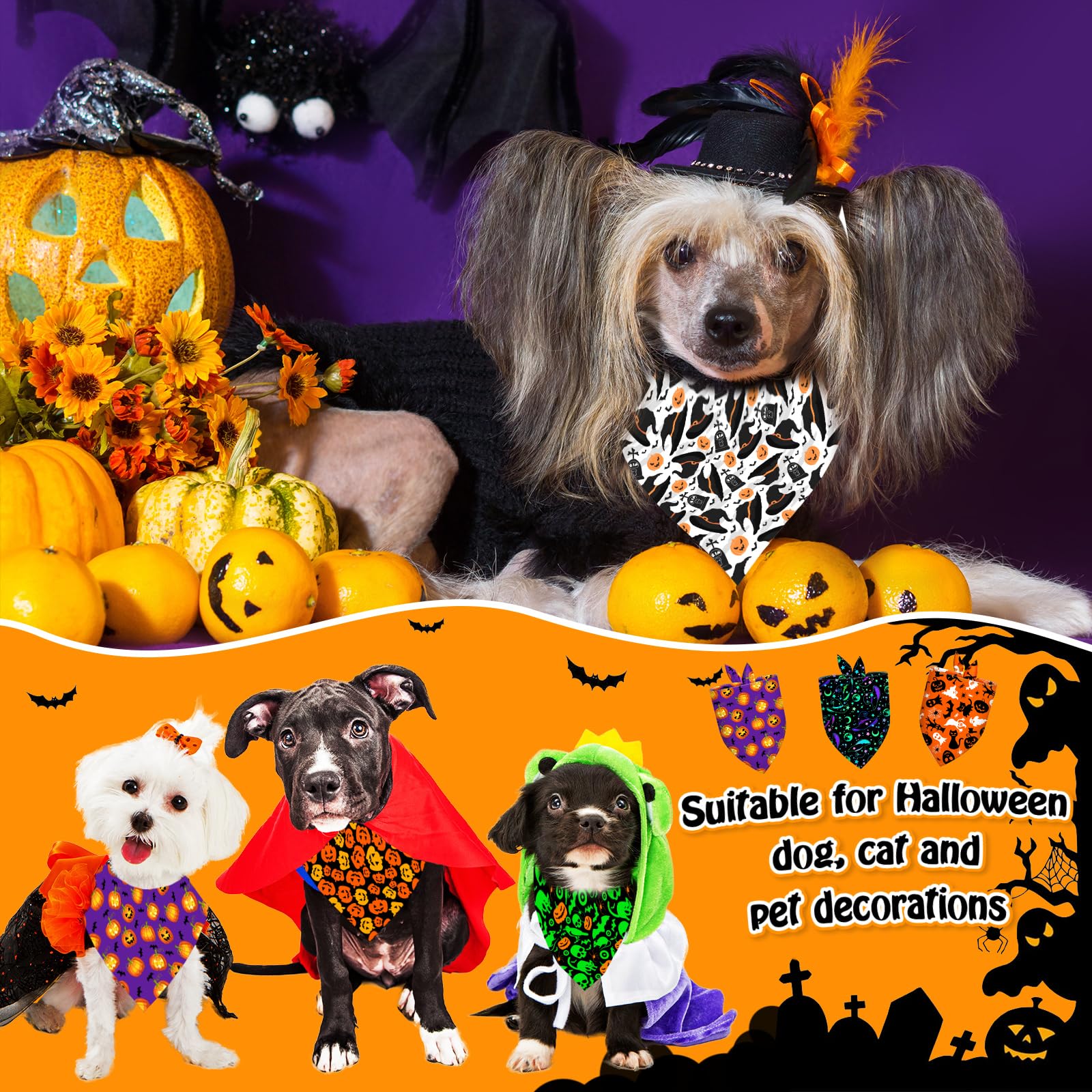 4 Stück Halloween Halstücher Für Hunde - Wendbare Dreieckstücher Für Haustiere