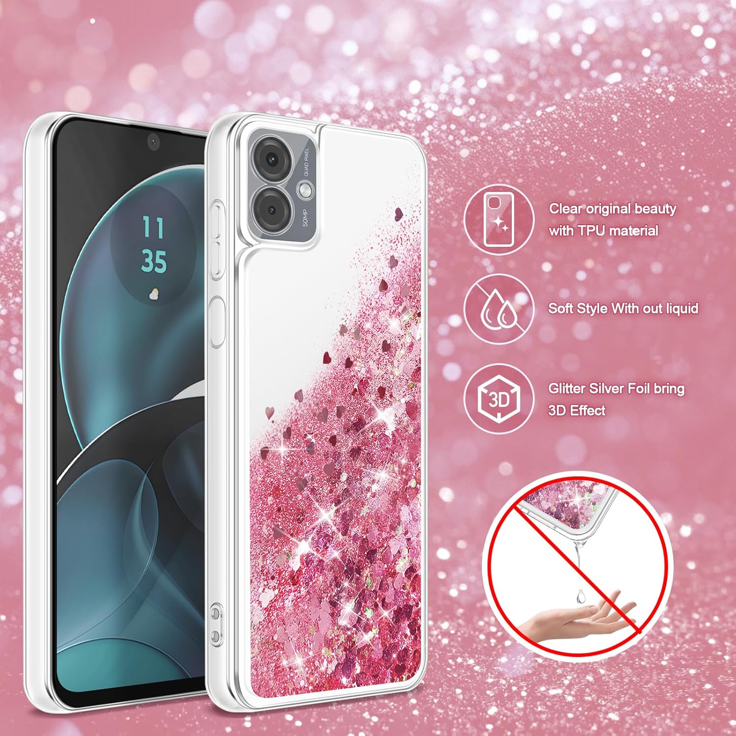 Qiinogow Case Compatible with Motorola Moto G14, Glitter Case With Quicksand Flowing Liquid, Clear Transparent TPU Gel Silicone ShockProof Protective Phone Cover for Girls (Pink) 5 81j jFS2 tL. AC SL1500