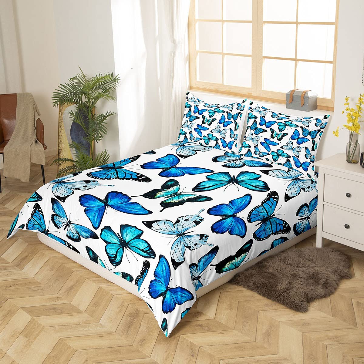 Loussiesd Butterfly Bedding Duvet Cover Set Girls Luxury Blue Butterflies Bedding Set Teens Women Flying Animal Comforter Cover Set Nature Garden Bedding & Linen Bedroom Bedclothes Single Size - Image 2