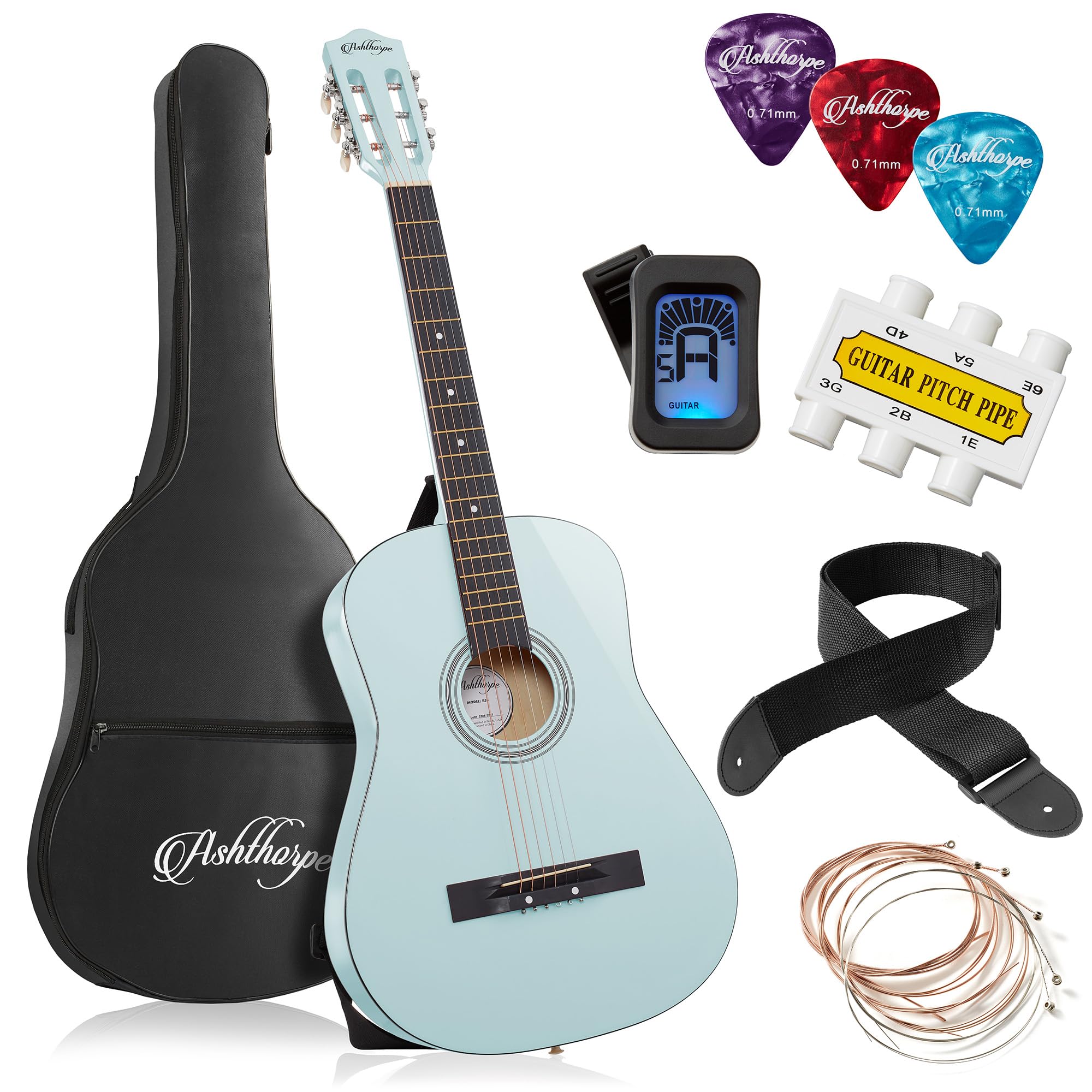 Ashthorpe Chitarra acustica per principianti da 96,5 cm (azzurro), kit base con custodia, corde, tracolla, accordatore, accordatore, accordatore, plettro e plettri