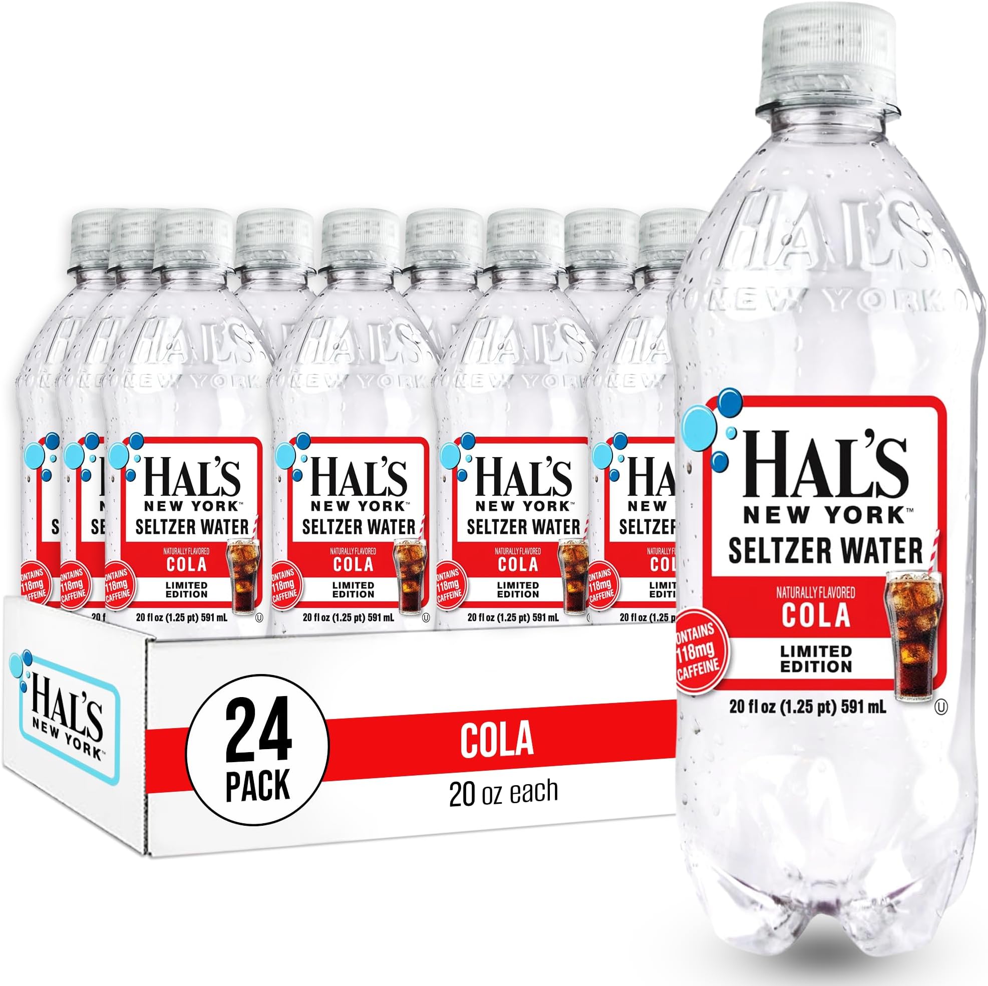 Hal's New York Seltzer Water, Cola Flavored Sparkling Water, 20 Fl Oz Bottles (Pack of 24)