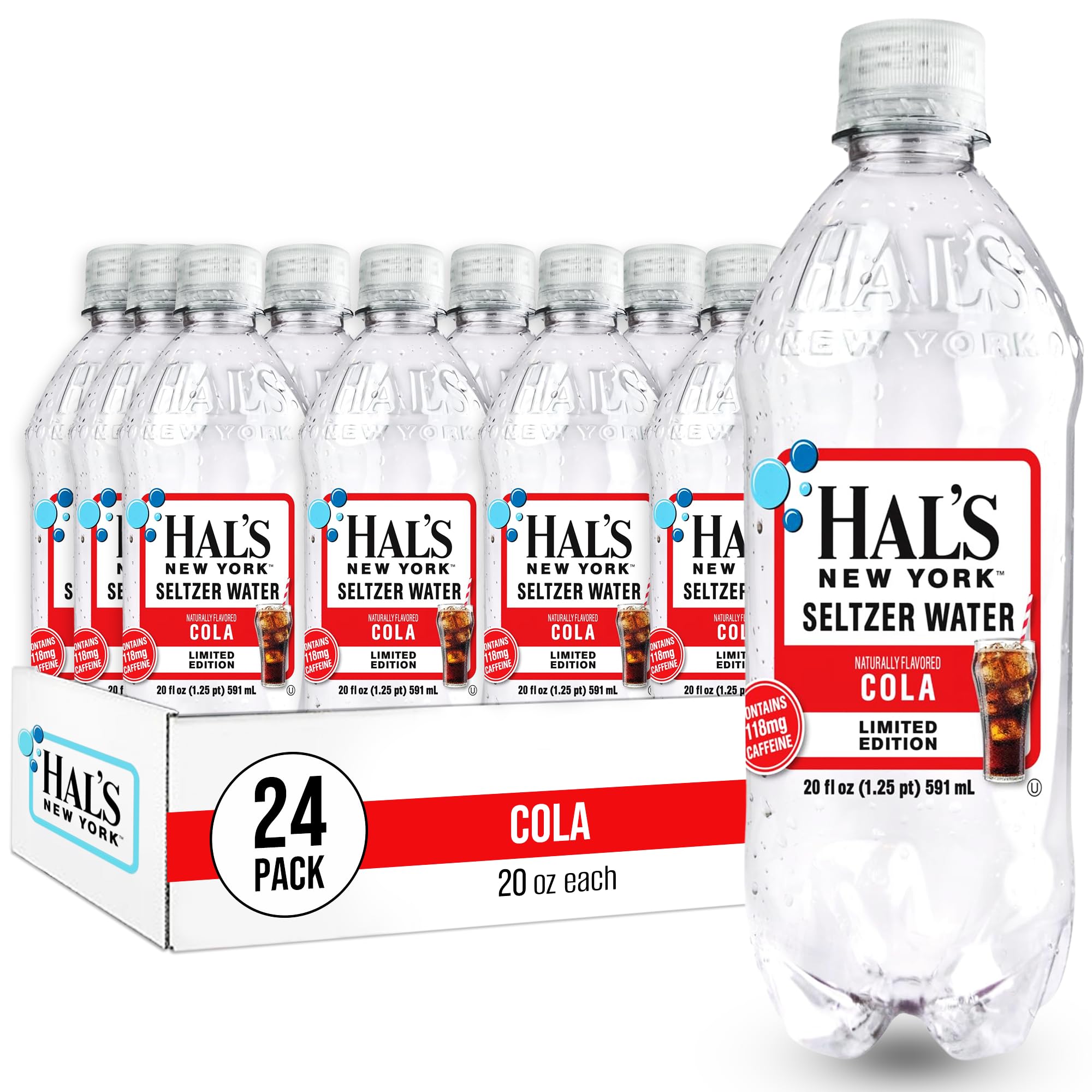 Hal's New York Seltzer Water, Cola Flavored Sparkling Water, 20 Fl Oz Bottles (Pack of 24)