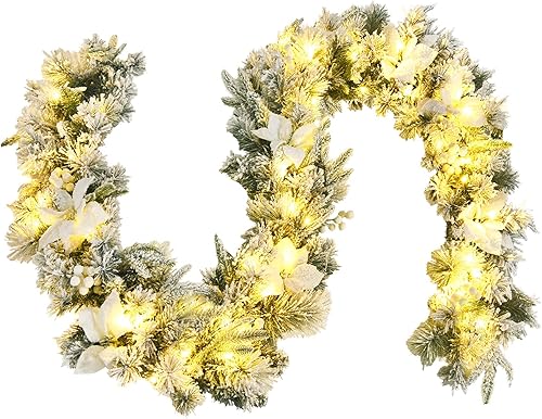 Miniatura 10 de Goplus Guirnalda de Navidad preiluminada de 9 pies, con 50 luces LED, temporizador, conos de pino, bolas plateadas y hojas, para decoración de