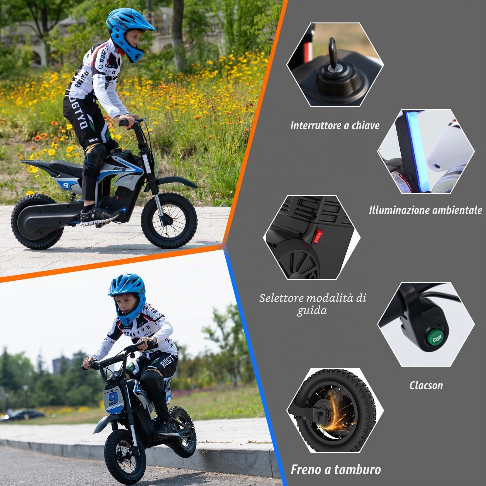 RCB R9X PRO Moto Elettrica per Bambini, Motocicletta con Motore 350W, 3 Velocità (10/15/25 km/h), autonomia 16 KM, luci Ambientali, Doble Suspensión, Ruote 12" Motocross per bambini 6+ anni