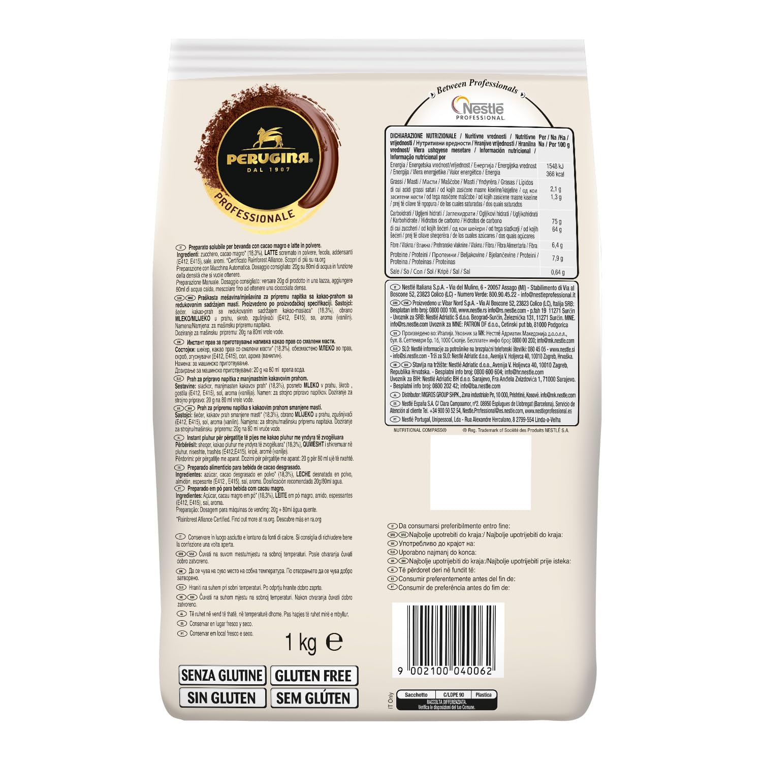 PERUGINA Cioccolata Completa Preparato per Bevanda al Cacao Magro per macchina automatica in polvere, Busta 1kg (Confezione da 4)