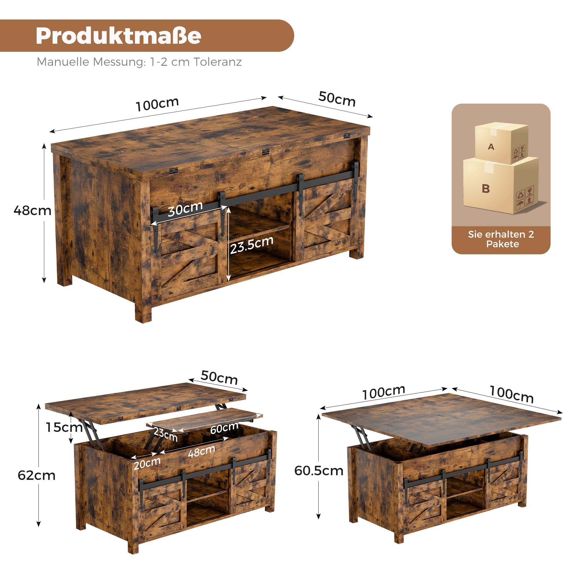 ELUCHANG Couchtisch Höhenverstellbar, 4 in 1 Wohnzimmertisch Umwandelbar in Wohnzimmer-Esstisch, Multifunktions mit Versteckter offenes Fach & Aufbewahrung,für Wohnzimmer/Büro/Esszimmer, Vintagebraun
