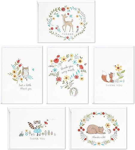 Hallmark Surtido de tarjetas de agradecimiento para baby shower, animales del bosque (48 tarjetas con sobres para bebé niño o niña) ciervos, búhos,