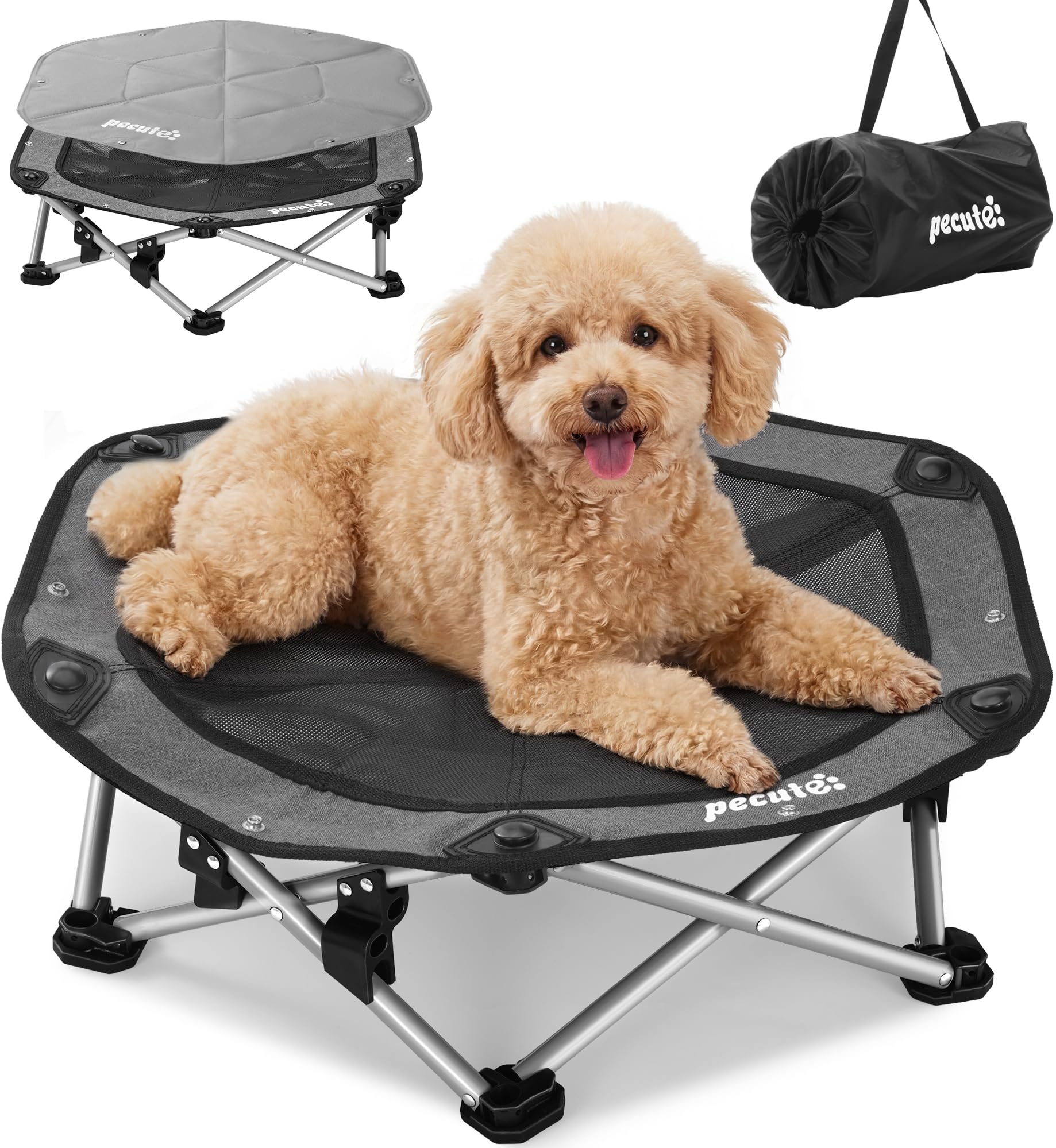 Pecute Cama Elevada para Perros Pequeño con Manta Refrescante, Sin Montaje, Apto para Gatos y Perros, Plegable para Interior y Camping, Tamaño M, Soporta hasta 60kg, Gris Recycled Claim Standard Blended