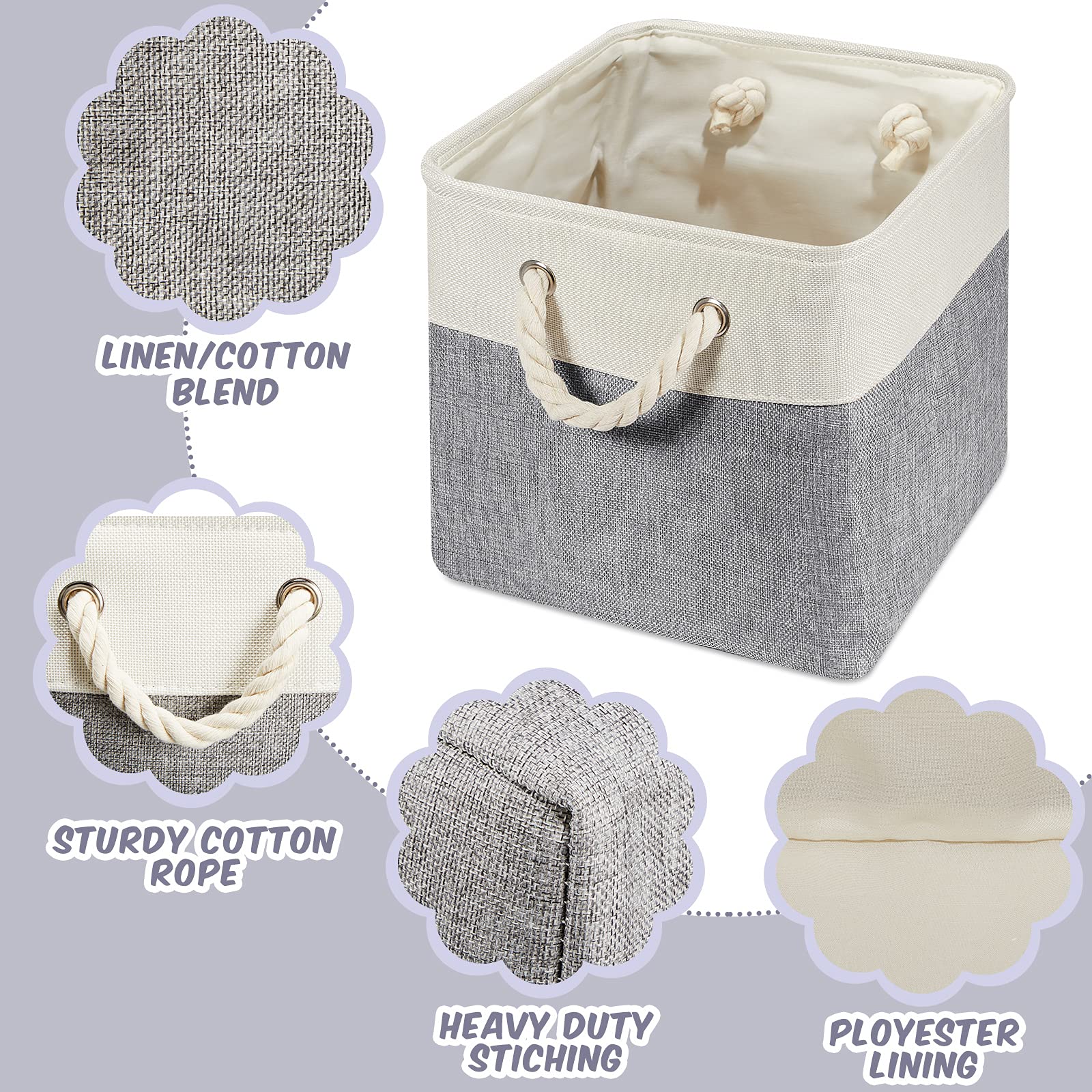 6 Pieces Cube Storage Bins Small Foldable Storage Cube Baskets with Sturdy Carry Handles Multipurpose Storage Cube Baskets Organizer Bin for Home, Office, Nursery (Gray and White, 11 x 11 Inch)