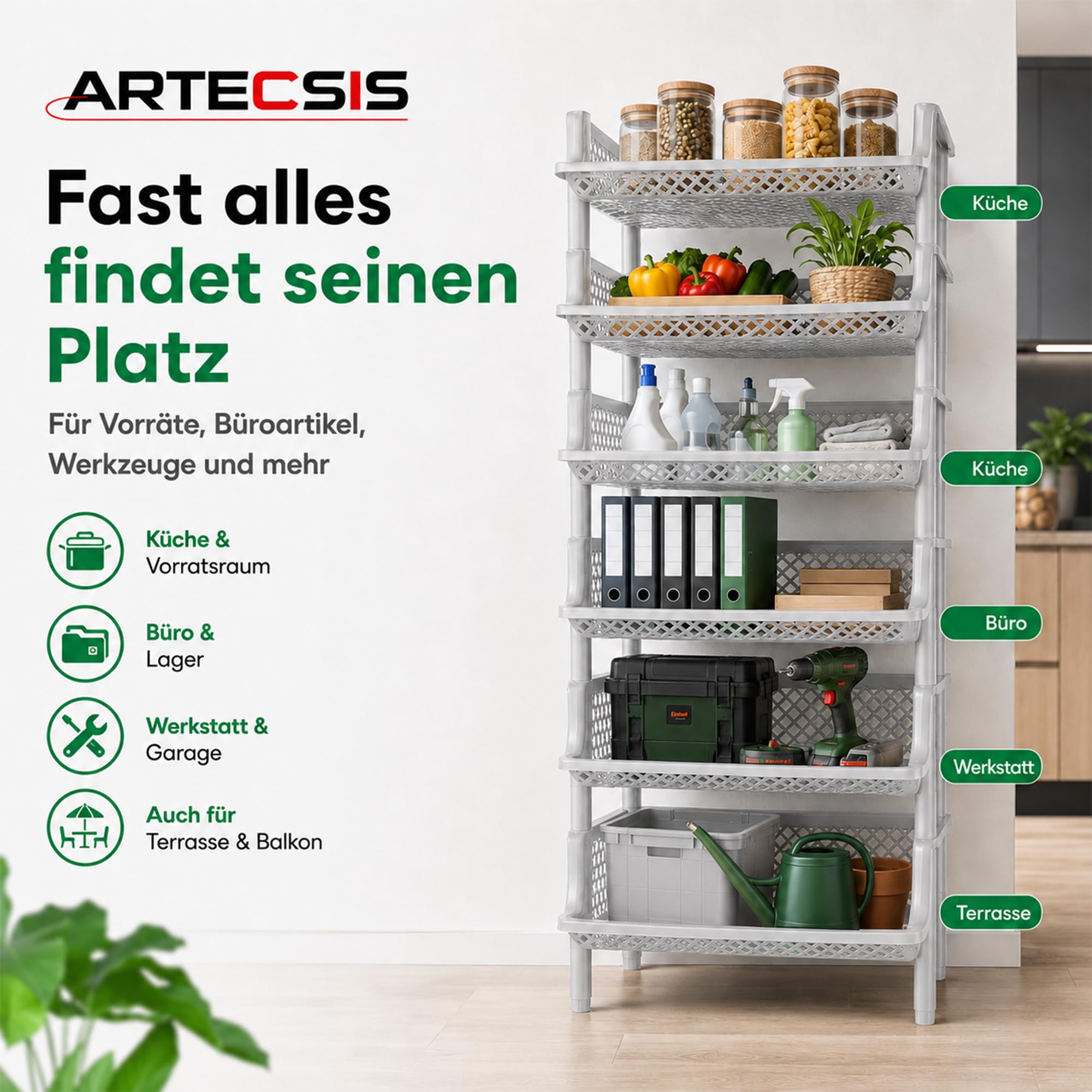 ARTECSIS® Korbregal aus Kunststoff mit 6 Regal-Etagen stapelbar & modular erweiterbares Stecksystem grau (schmal) - Kellerregal & Vorratsregal für Lagerung - Abstellraum Steckregal & Lagerregal