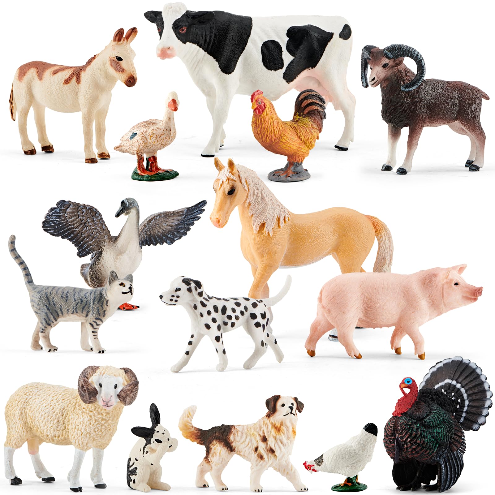 Farm Animal Toy Figure Set, 15Pcs Plastic Kid Farm Animal Toy Playset Cow Horse Goat Sheep Pig Donkey Goose Duck Turkey Chicken Dog Cat Rabbit for Toddler 3-5 5-7