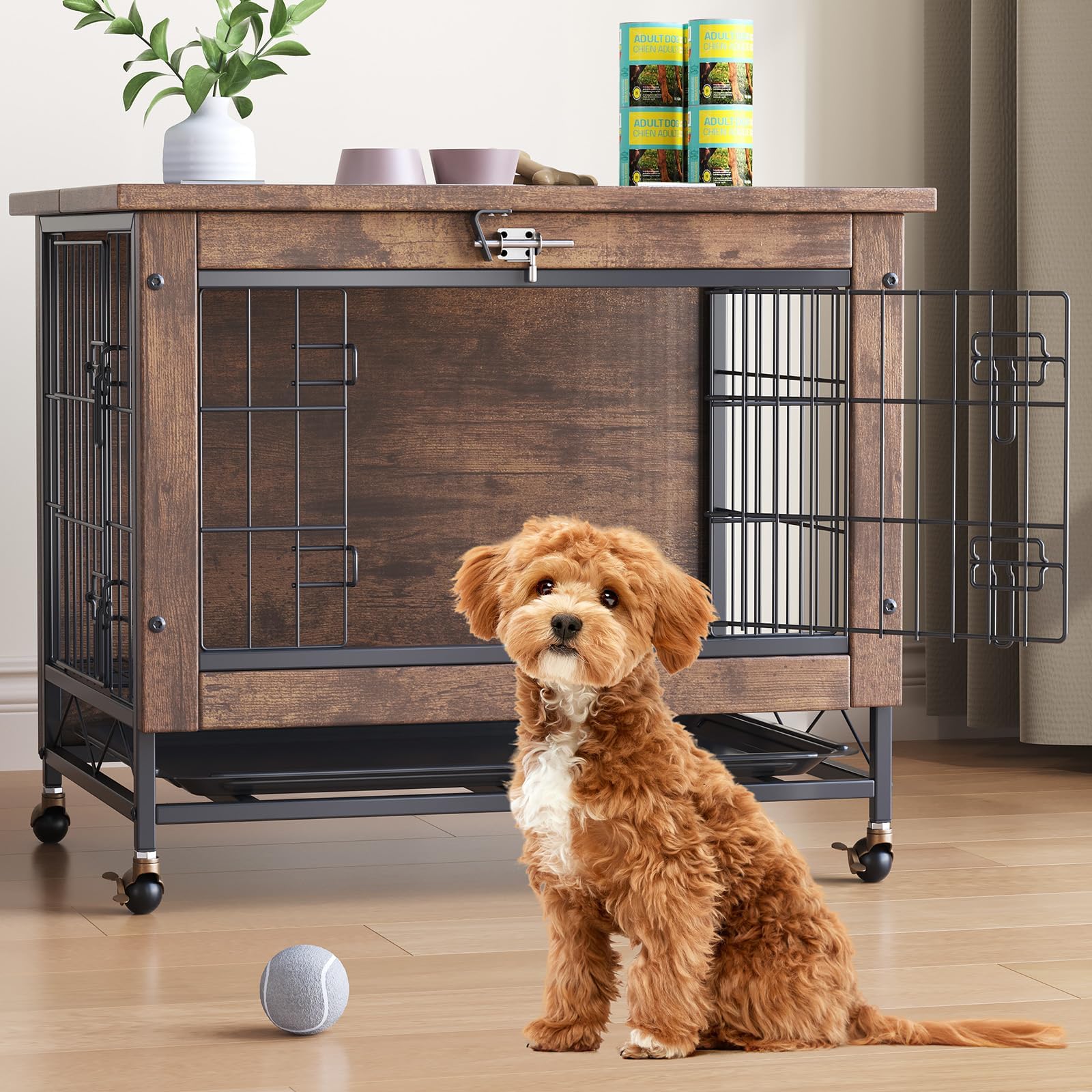 GarveeHome Hundekäfig Möbel aus Holz, Einfache Hundebox mit 2 Türen, Haustierkäfig mit Rollen UNH Ausziehbares Tablett Leicht zu Reinigende bissfest Hundebox Indoor für Hunde,67x50x65cm