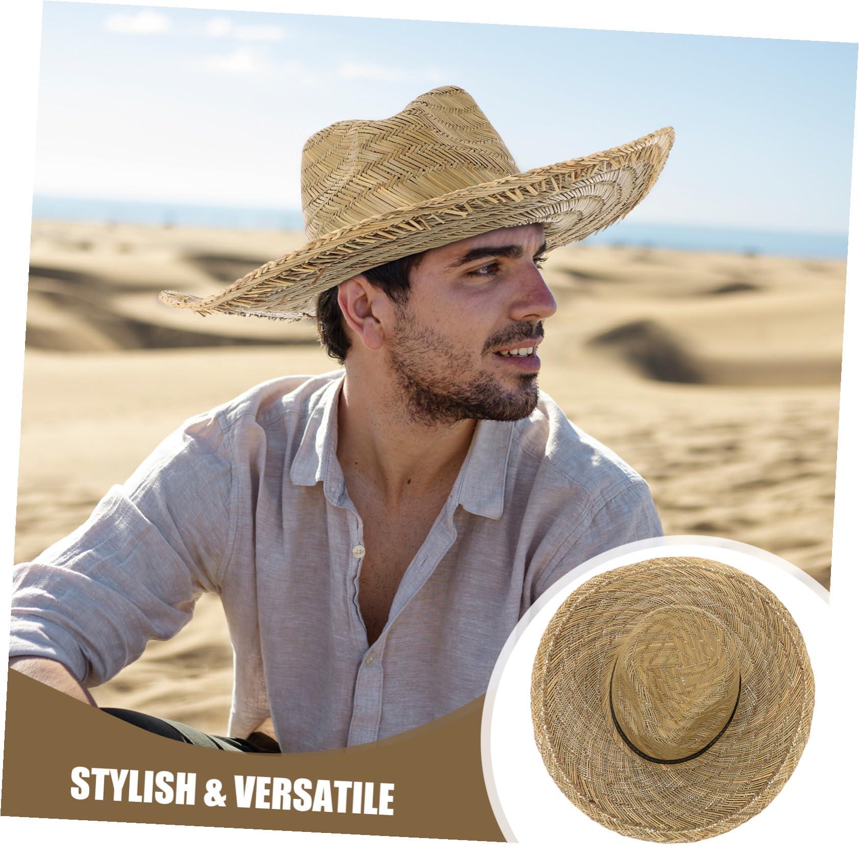 Operitacx Chapeau de Paille à Larges Bords pour Hommes Été, Protection UV, Léger et Décoratif, pour Activités de Plein Air et Randonnée, Taille 58-60 Cm