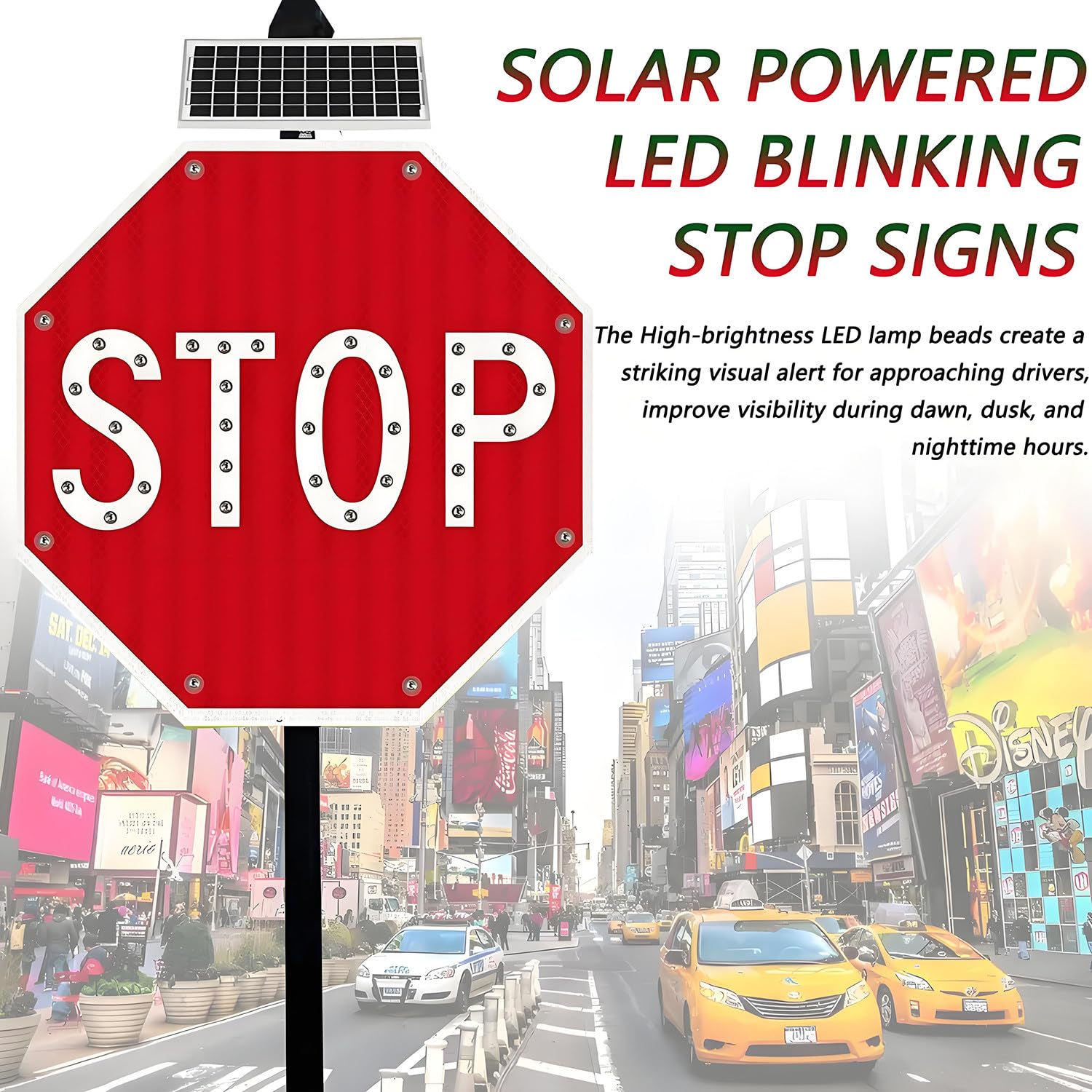 Señal de Stop Solar, señal de Stop LED Intermitente con energía Solar, señales de tráfico octagonales de Aluminio, LED Intermitentes para Calle, Resistente al Agua IP65 60 * 60cm