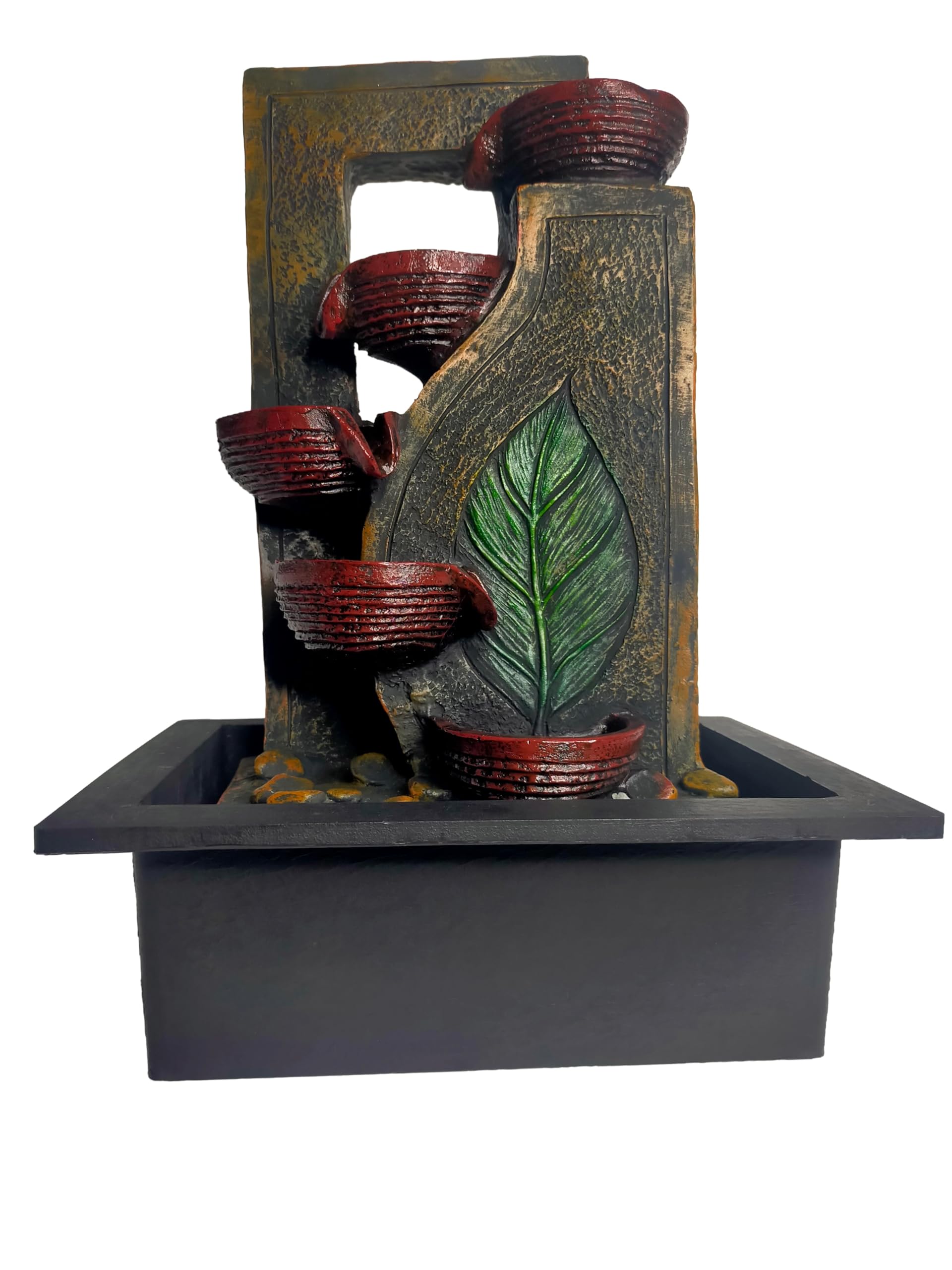 Alice Enterprises, Decorative Tabletop Leaf Water Fountain with LED Lights, 41 cm Tall, Terracotta and Grey