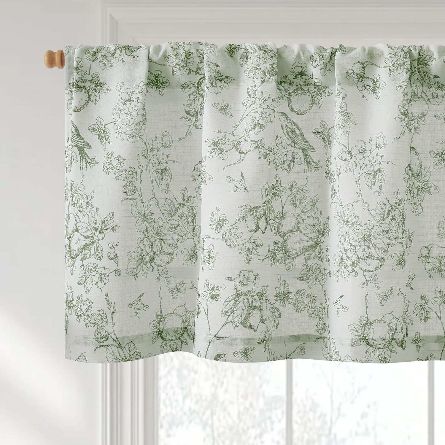 Cenefa floral para ventana de cocina, cortina rústica filtrante de lino verde, 1 panel