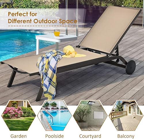 Miniatura 6 de Tangkula Tumbona de aluminio para exteriores, silla reclinable para patio con 6 respaldos ajustables, tumbona reclinable con ruedas para playa,