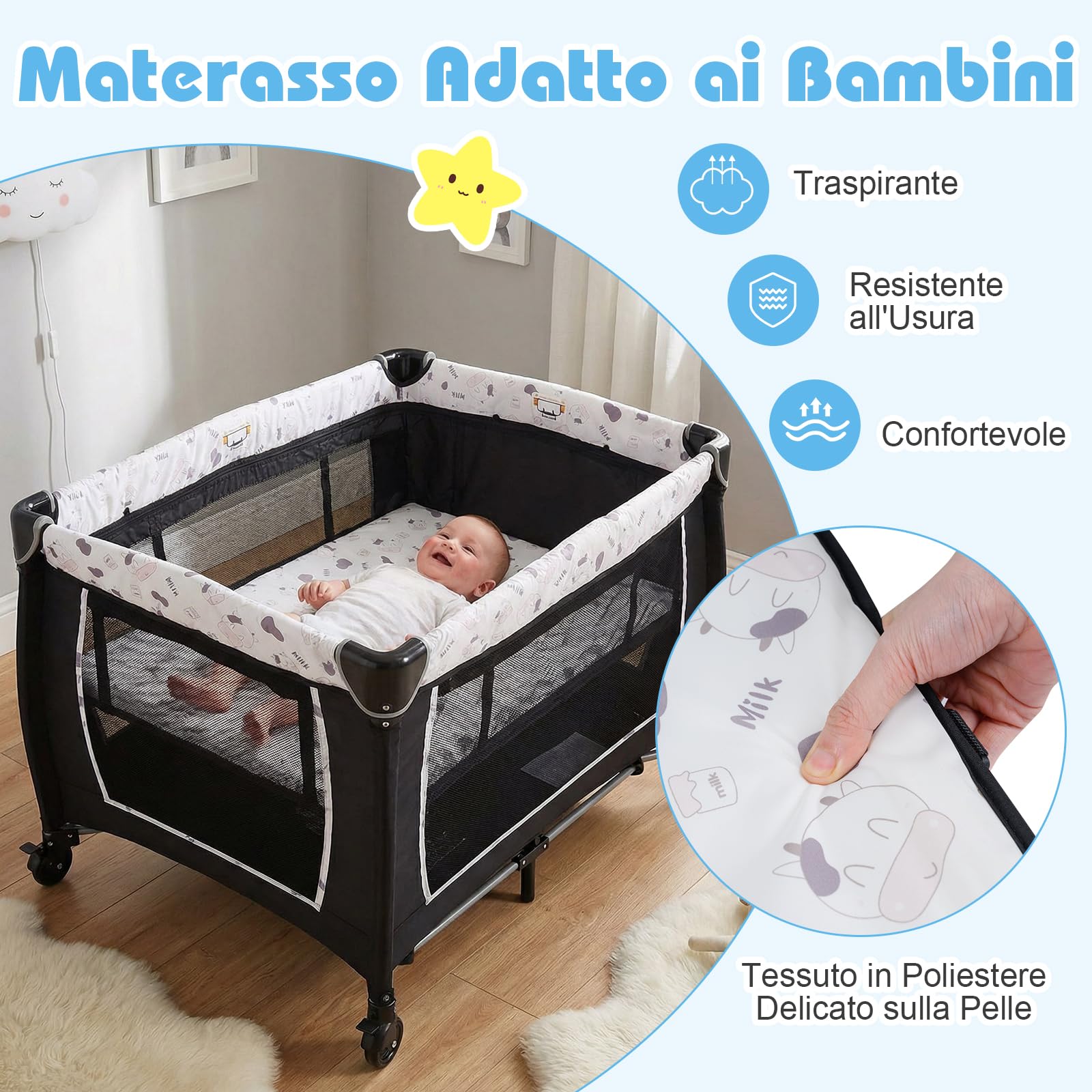 COSTWAY Culla Campeggio Bambini 5 in 1, Lettino Viaggio Neonati Pieghevole con Materasso, Fasciatoio e Tettoia, Box Portatile con Ruote, 2 Giocattoli Appesi e Carillon, per Bambini 0-3 Anni (Bianco)