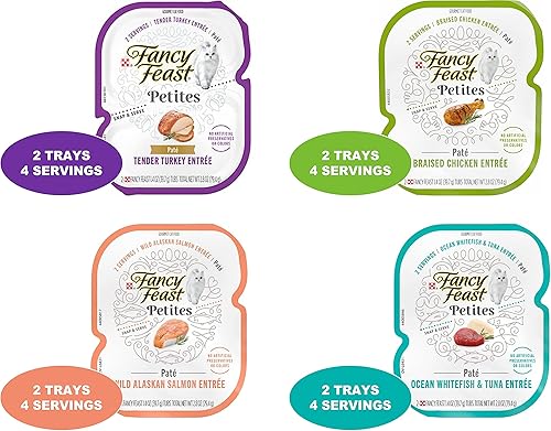 Miniatura 3 de Fancy Feast Petites - Alimento húmedo para gatos (2.8 onzas cada uno), 08 latas en total 2 pavos, 2 pollo, 2 salmón, 2 peces blancos. Más una pelota