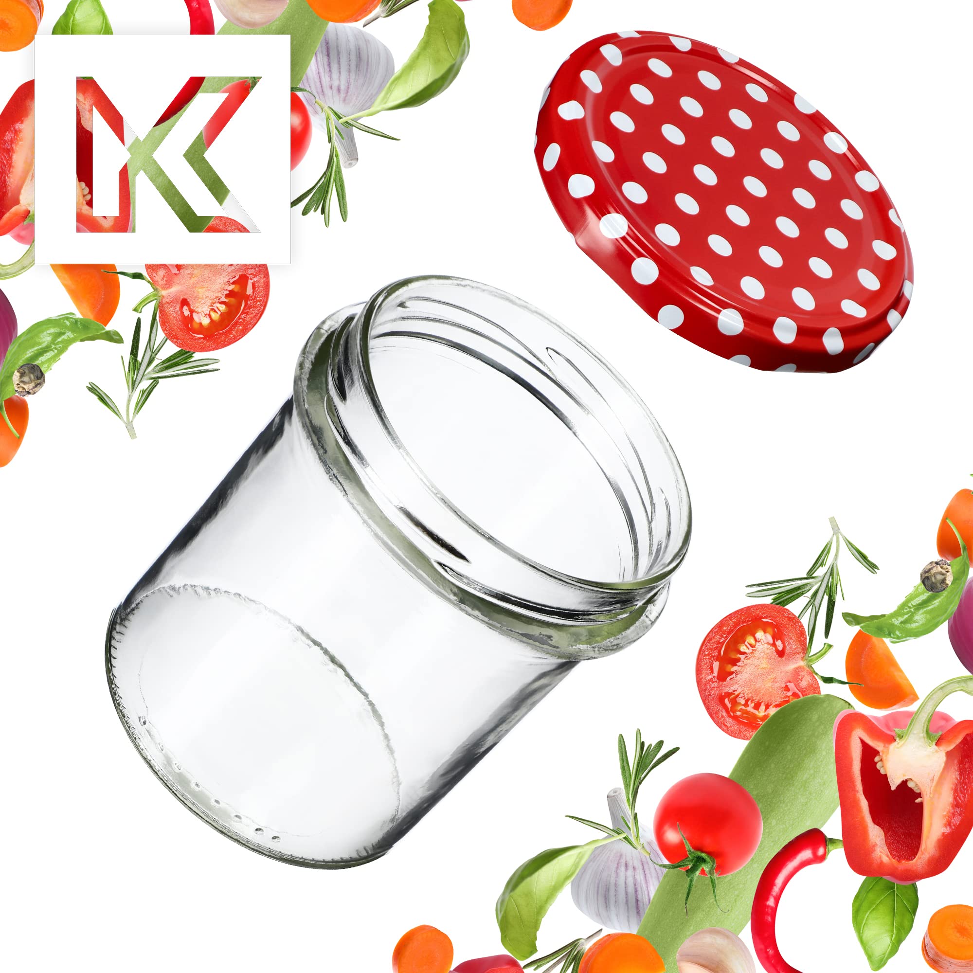 KADAX Set di 20 barattoli in vetro 350ml Ø82mm rosso pois – per marmellate, pesto, salse | tappo a vite ermetico, ermetico, lavabile in lavastoviglie, BPA-free | twist-off, sterilizzazione