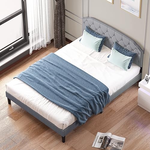 Mjkone Marco de cama tamaño Queen con plataforma tapizada de tela de lino con cabecera ajustable copetuda con botones, soporte de listones de madera