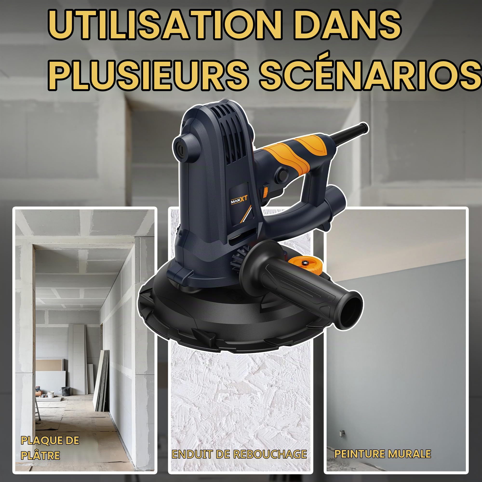 MAXXT Ponceuse manuelle pour cloison sèche, 1500-2700 tr/min, vitesse variable, 750 W, ponceuse électrique pour murs, aspiration réglable