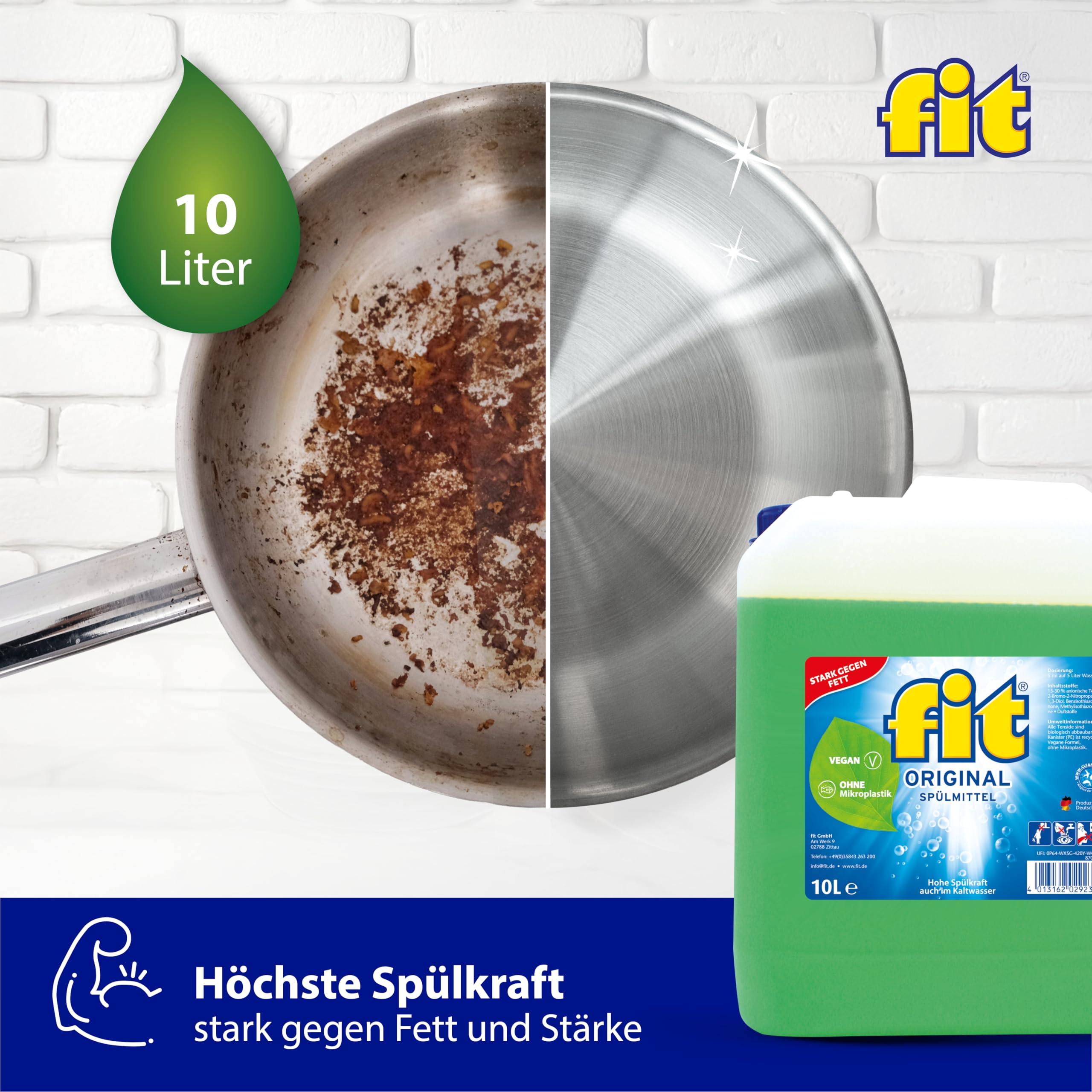fit Lavavajillas de mano bidón de 10 l, detergente para lavavajillas contra grasa y almidón, respetuoso con la piel, vegano, sin microplásticos, original