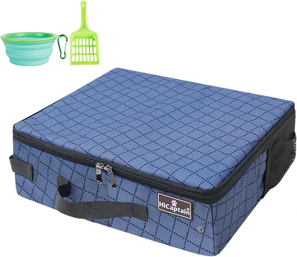 HiCaptain Portable Travel Litter Box with Lid, Foldable Cat Travel Litter Box - Leakproof, Odor-Free & Waterproof. Ideal for Road Trip, Cars, Hotels and Airplane - Blue