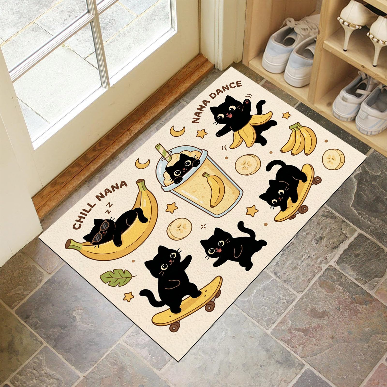 80X120Cm Zerbino Ingresso Interno Antiscivolo Assorbente, Tappeto In Microfibra Sottile Lavabile Con Gatti Divertenti Banane Tema Con Animali Carini Per Cucina Bagno Porta E Animali, Beige Giallo