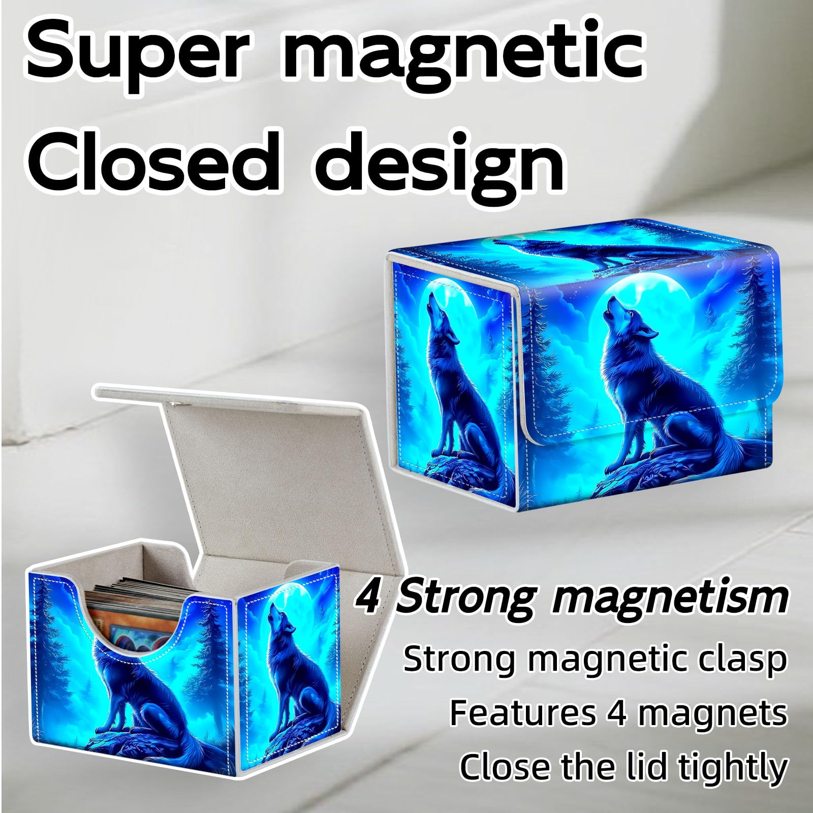 Caja de almacenamiento de tarjetas intercambiables, piel sintética de alta calidad con cierre magnético, capacidad para más de 100 tarjetas MTG, lobo aullando a Blue Moon, caja duradera