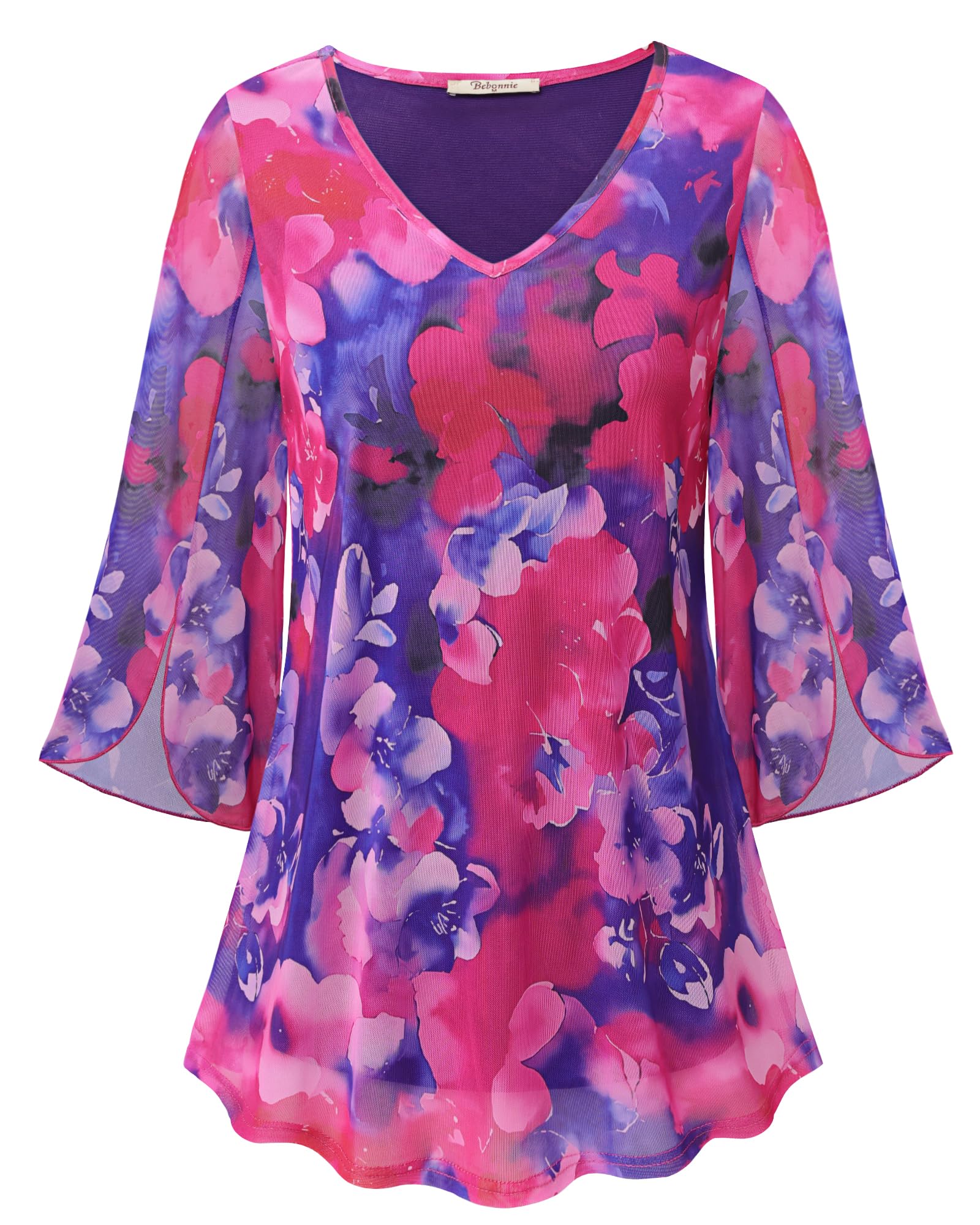 Bebonnie Womens Ruffle 3/4 Sleeve V Neck Double Layers Mesh Blouses Loose Fit Flowy Tunic Tops