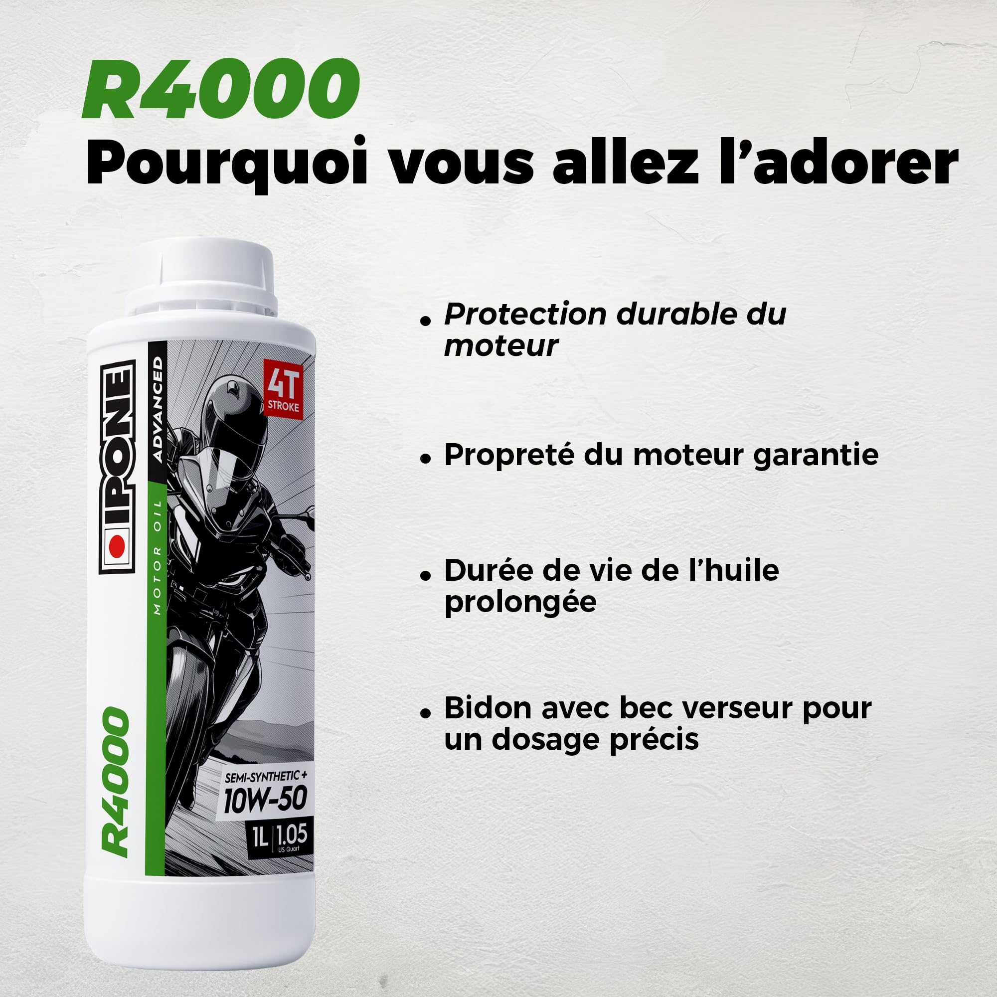 IPONE – Huile Moteur Moto 4 Temps 10W50 R4000 – Bidon 4 Litres - Semi-Synthétique+ - Gamme Advanced - Protection durable du moteur - Durée de vie de l'huile prolongée - Propreté du moteur garantie