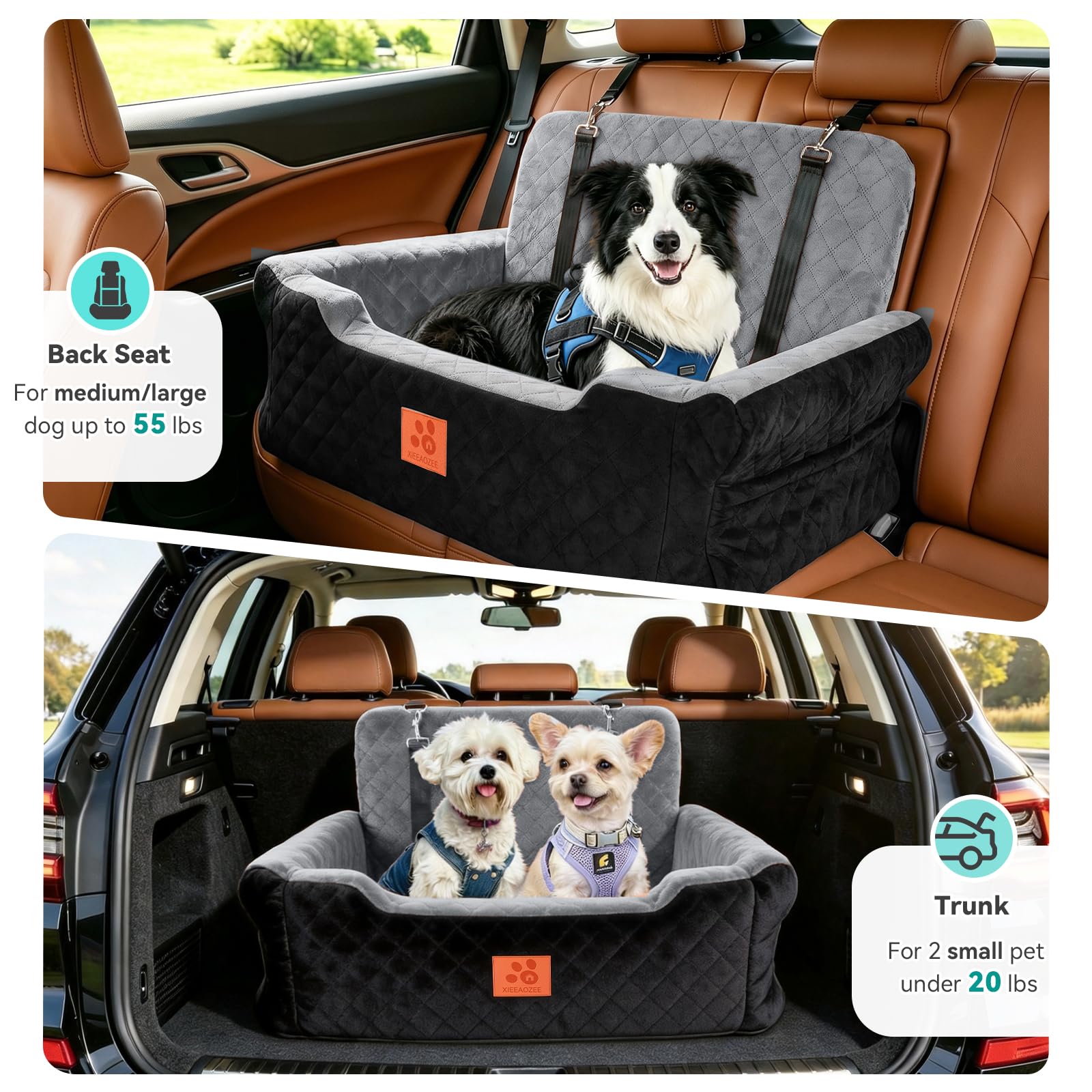 GL GLENSLAVE Hundesitz für Auto für große und mittlere Hunde bis 25 kg – Aus weichem Stoff, Autohundbett mit Memory-Schaum Füllung, abnehmbar & waschbar, inkl. 2 Sicherheitsleinen (schwarz/grau)
