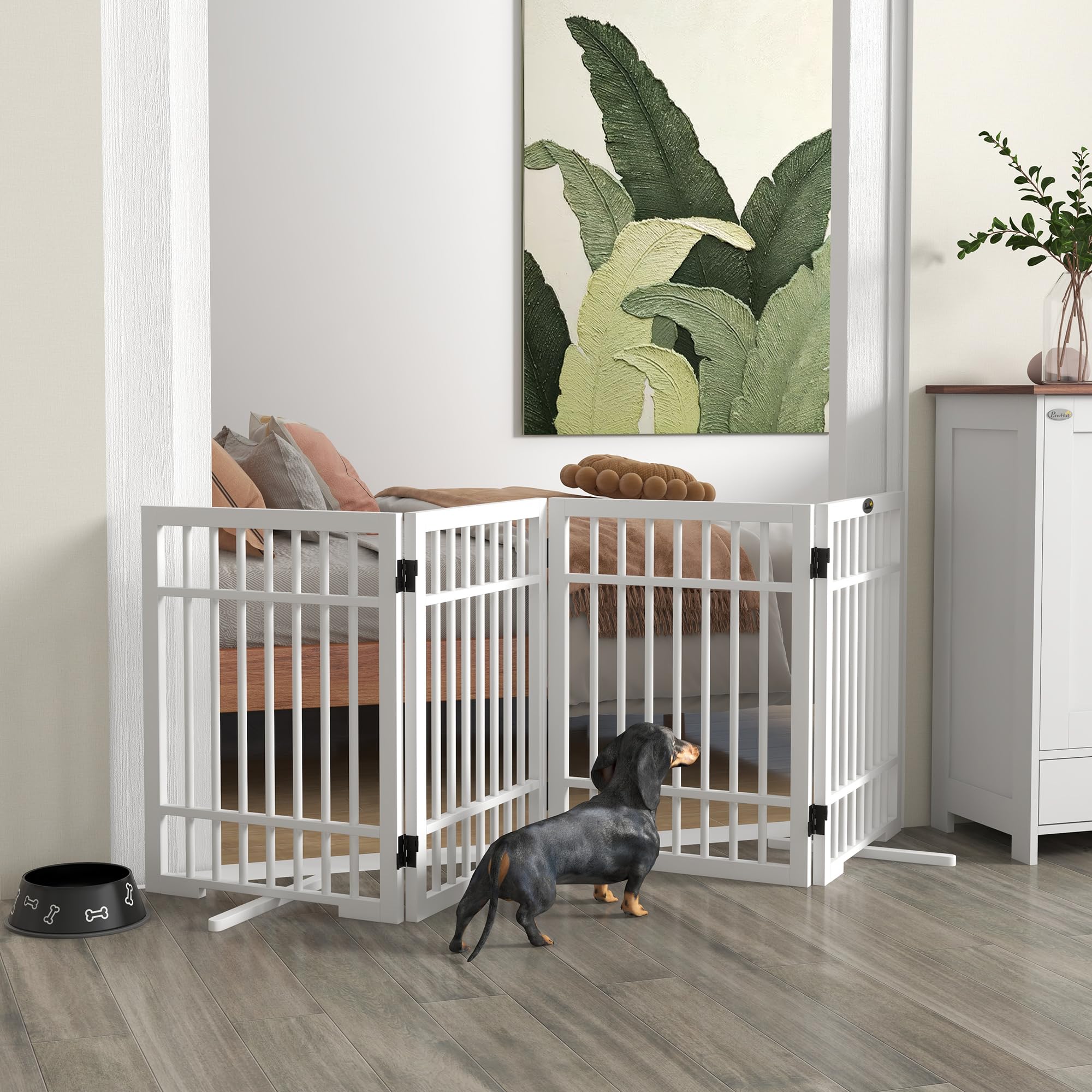 PawHut Absperrgitter Hund Freistehend für Kleine Hunde 61 x 183 cm Weiß | Schutzgitter mit 2 Stützfüßen, 4 Paneelen, Holz Hundegitter Klappbar, Treppen, Türen, Treppengitter, Absperrungsgitter