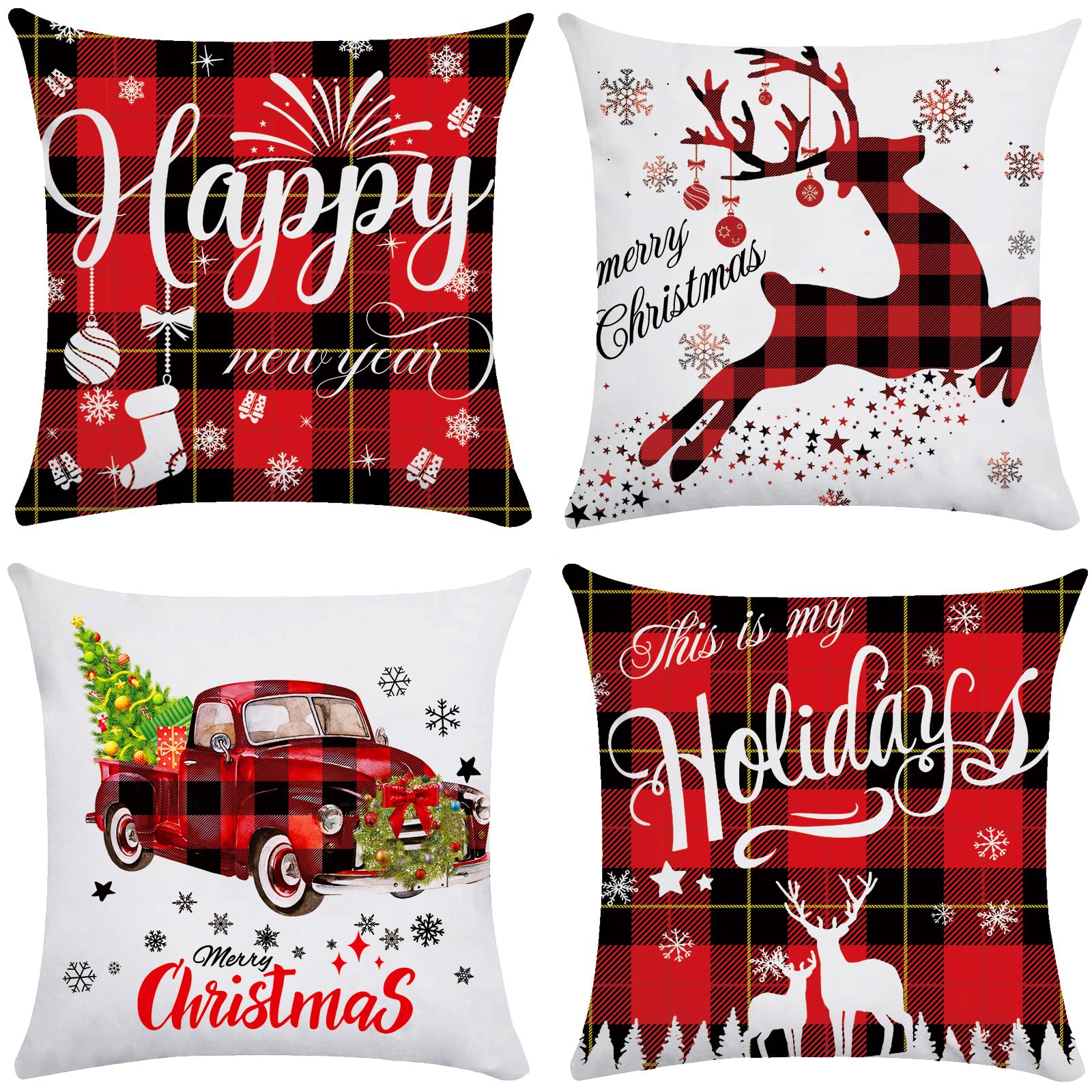 XyxuChristmas Cushion Covers Set Of 4, Christmas Decorations Indoor Happy Holidays Christmas Pillow Cases Covers, Red Tartan Soft Plush Winter Xmas Design Cushion Covers 40 x 40 cm for Sofa Decor