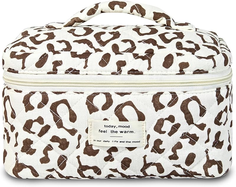 Necessaire GISMTR floral matelassê com zíper, marrom com estampa de leopardo, 24,99 cm x 16 cm x 16 cm