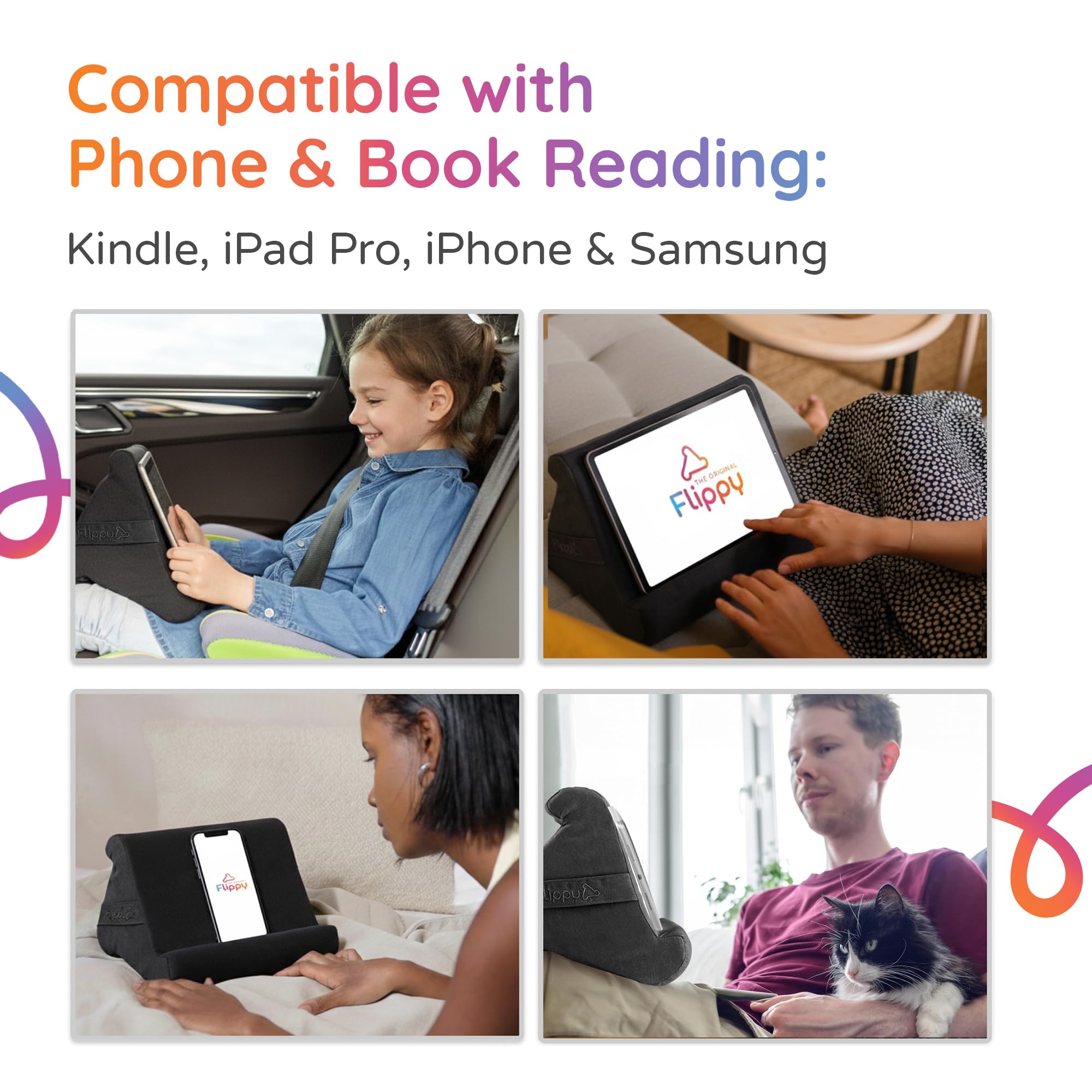 Flippy Original Tablet Kissenständer & iPad-Halter, Geschenk für Buchliebhaber & Leser, Multi-Winkel-Ständer mit Stauraum für Schoß, Schreibtisch & Bett, kompatibel mit Kindle, Fire, iPad & Samsung