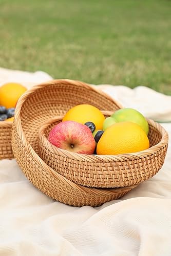 Vista 5 de HITOMEN Cestas de pan de ratán hechas a mano redondas de mimbre para servir frutas, cuencos de almacenamiento de frutas de tejido natural