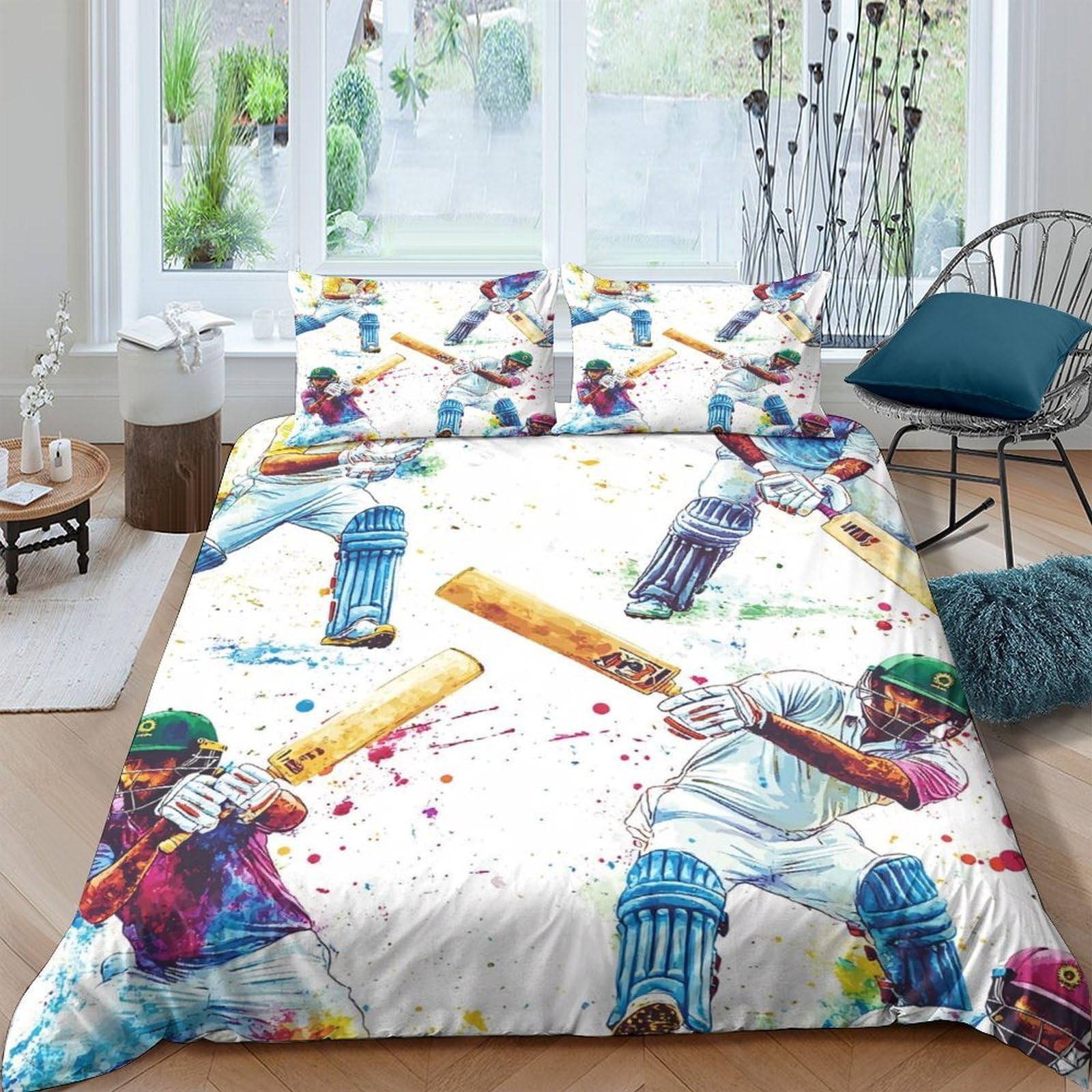 3D Com4table Microfibre cricket player action Comforter Cover All Season Bedding Set w/ Pillow Cases watercolor sports Duvet Cover Set Easy Care Breathable Washable Bedroom Decor Single（140x200cm）