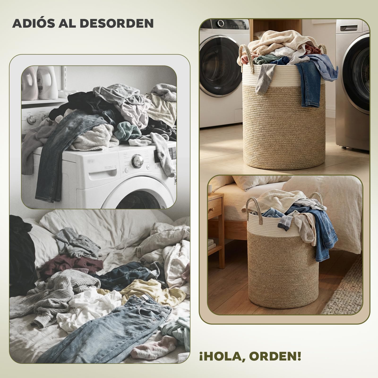 Cesta para Ropa en Cuerda Trenzada, 58L Gran Cesta de Almacenamiento – Dos Tostados Marrón & Blanco, con Asas para Dormitorio, Salón & Cuarto Infantil (38x38x50 cm)