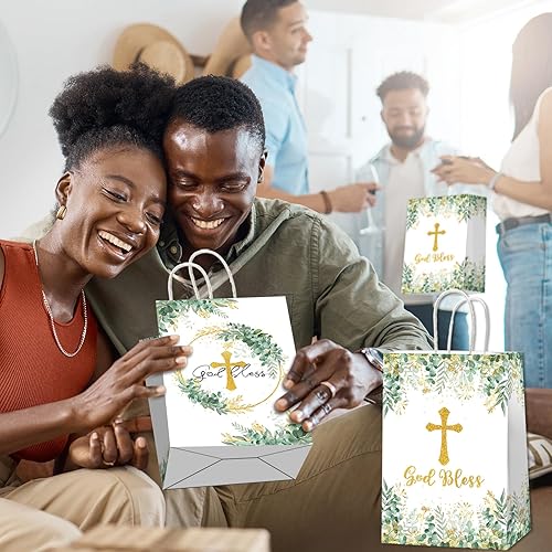Miniatura 6 de Bolsas de regalo de bautismo, bolsas de papel con texto en inglés "God Bless Treat", bolsas de regalo religiosas para niños y niñas, baby shower,