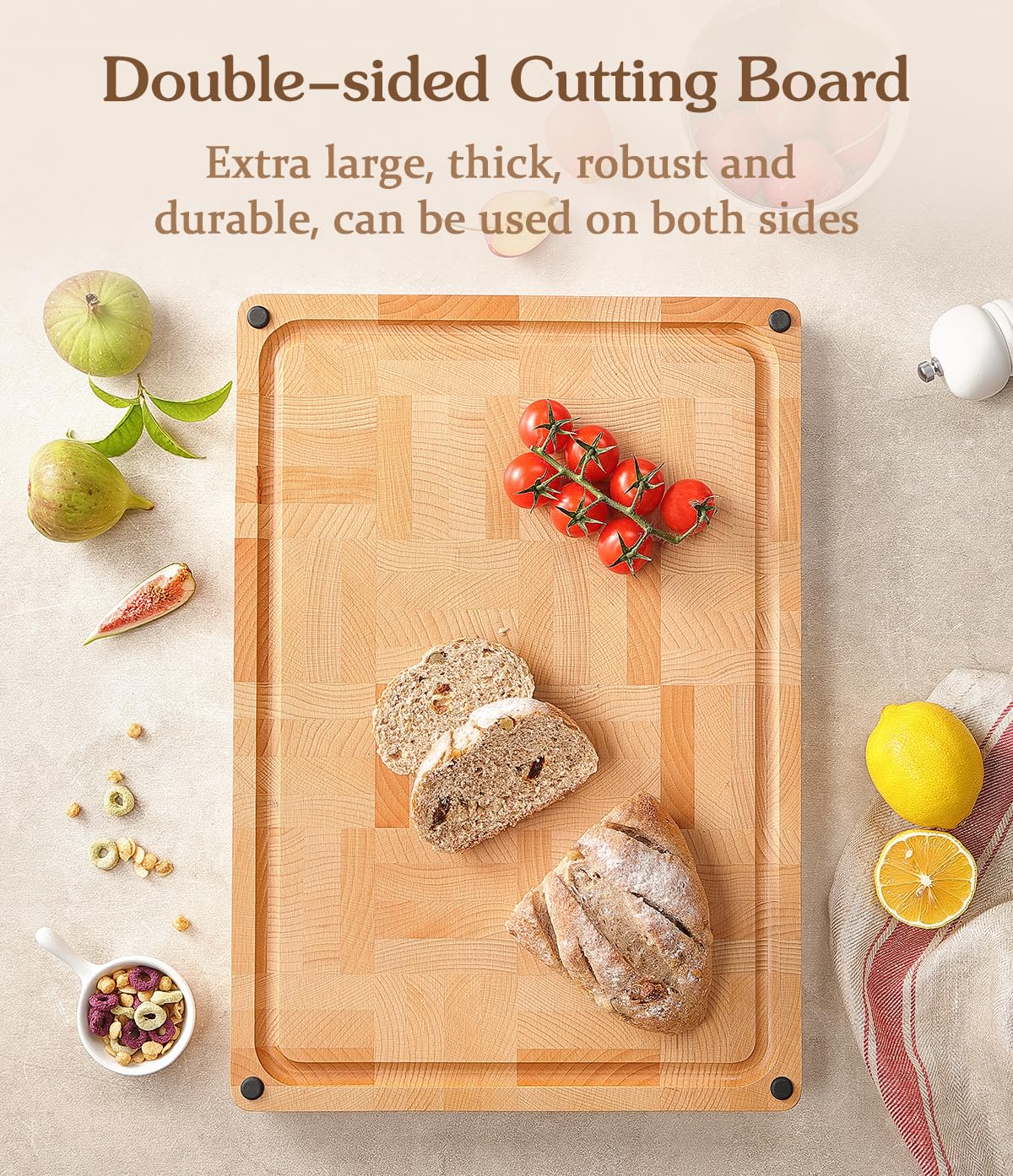 HEZHEN Cutting Board, End Wood Grain Chopper Board, Built-in Juice Grooves& Handle, Beechwood Serving Board Serving Tray - Image 4