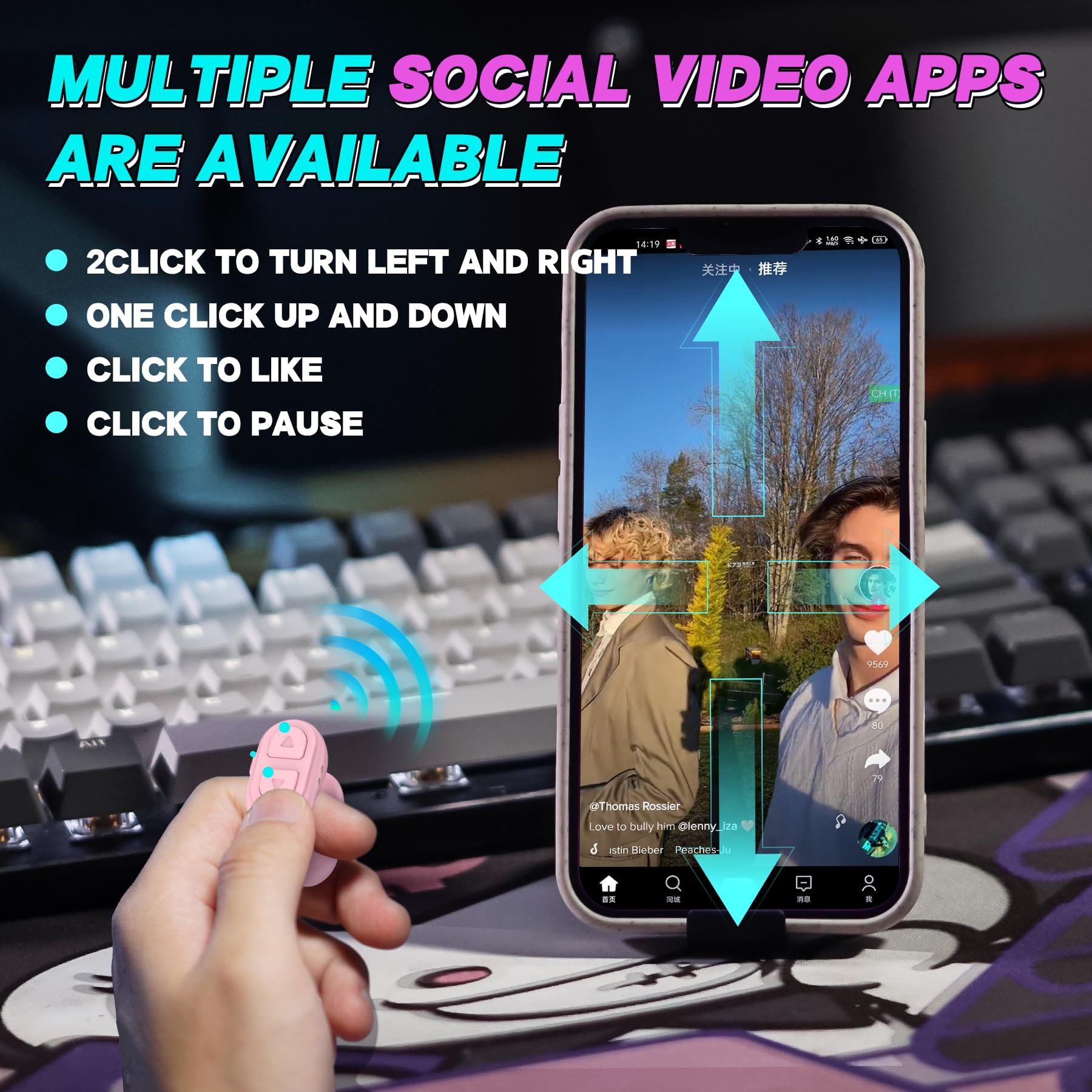 TikTok Scroll-Ring-Fernbedienung, App-Fernbedienung, Seitenumkehrer für iPhone, iPad, Android, Handy-Kamera, Bluetooth-Fernbedienung, Scroll-Ring mit Ständer, Rosa