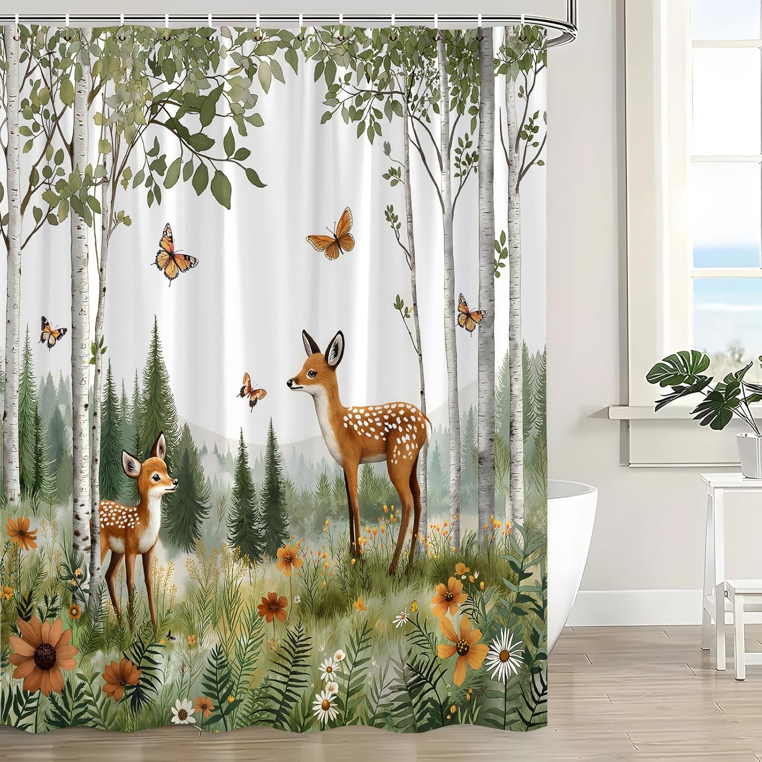 Rustic Forest Animal Shower Curtain Green Birch Tree Cabin Deer Floral Plant Wildlife Watercolor Nature Scenery Farmhouse Fabric Bath Curtain with Hook,70x78IN
